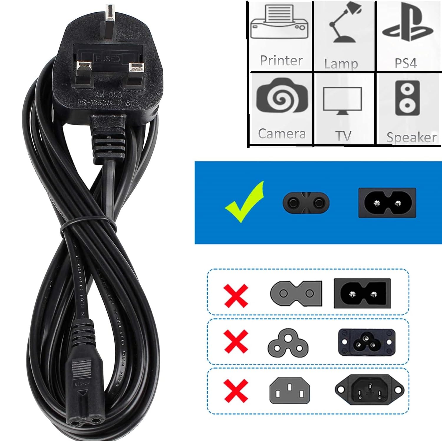 PEL00421 UK Plug to IEC C7 Figure 8 Power Lead 3m, Universal UK
