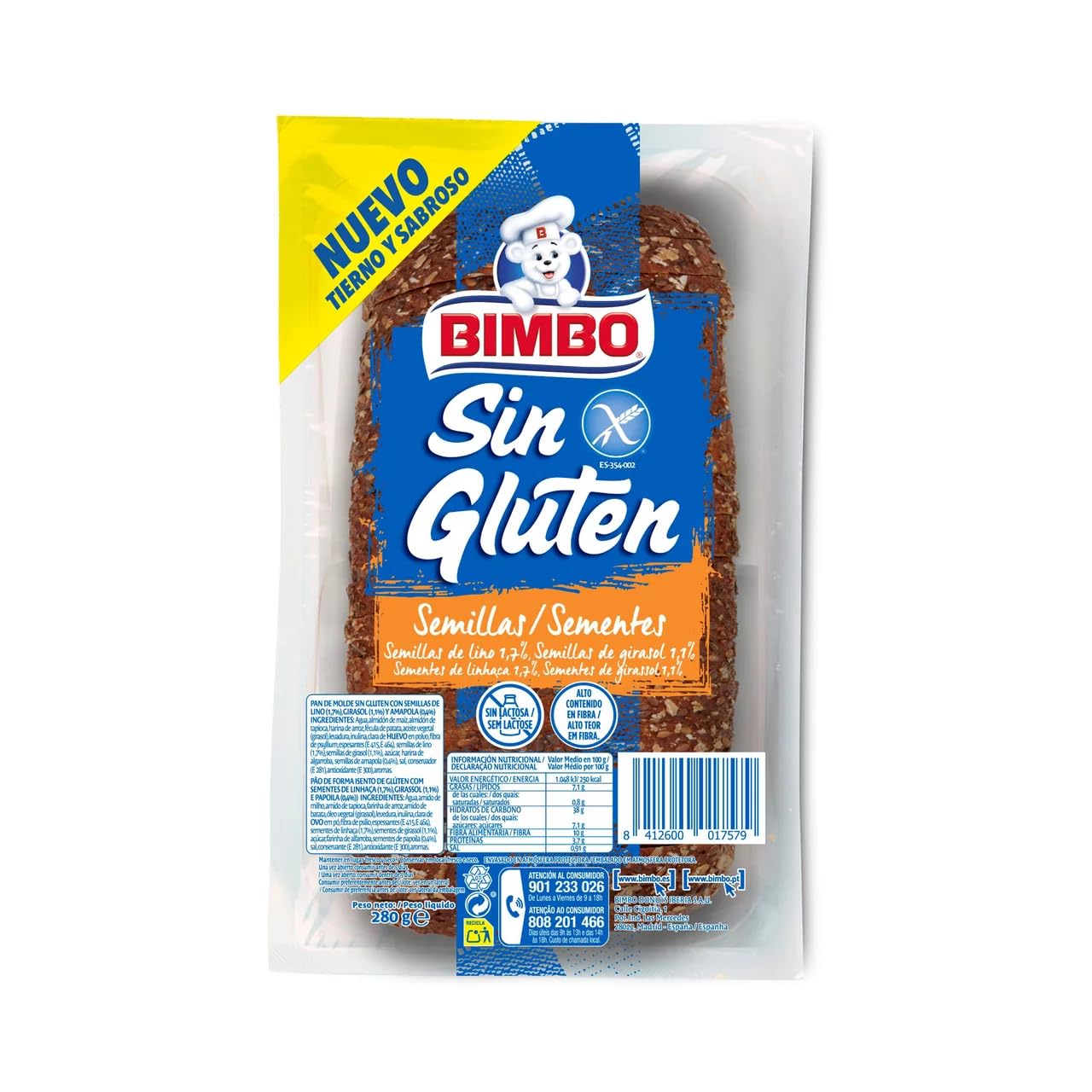 BIMBO Glutenfreies Brot in Scheiben mit Samen, BIMBO 280 g. 4er-Pack.