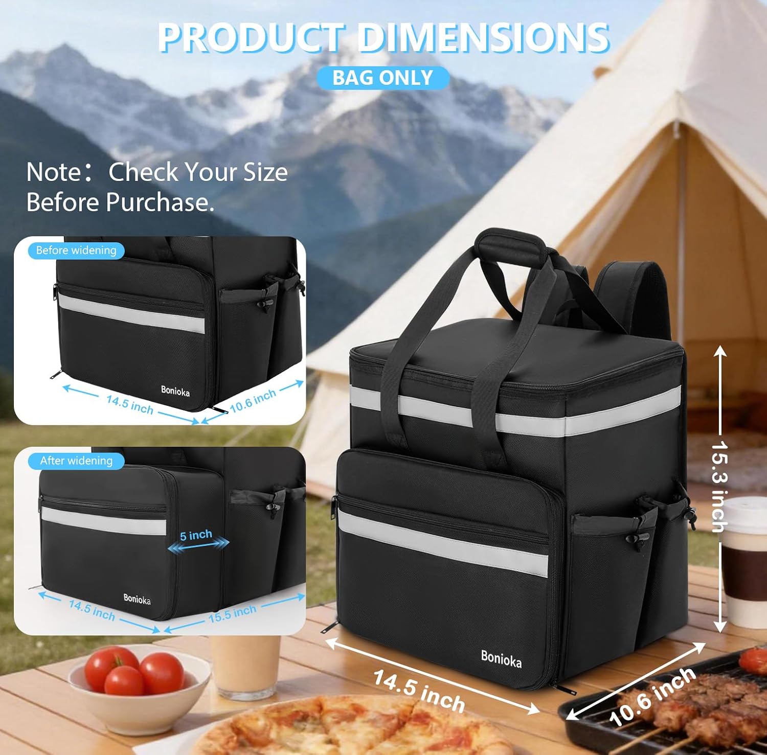 Food Delivery Bag, Expandable Delivery Backpack with 4 Cup Holders, Large Insulated Pizza Bag for Hot/Cold Food, Reflective Bike Courier Backpack, Fits Uber Eats, DoorDash, Grubhub, Camping, Black