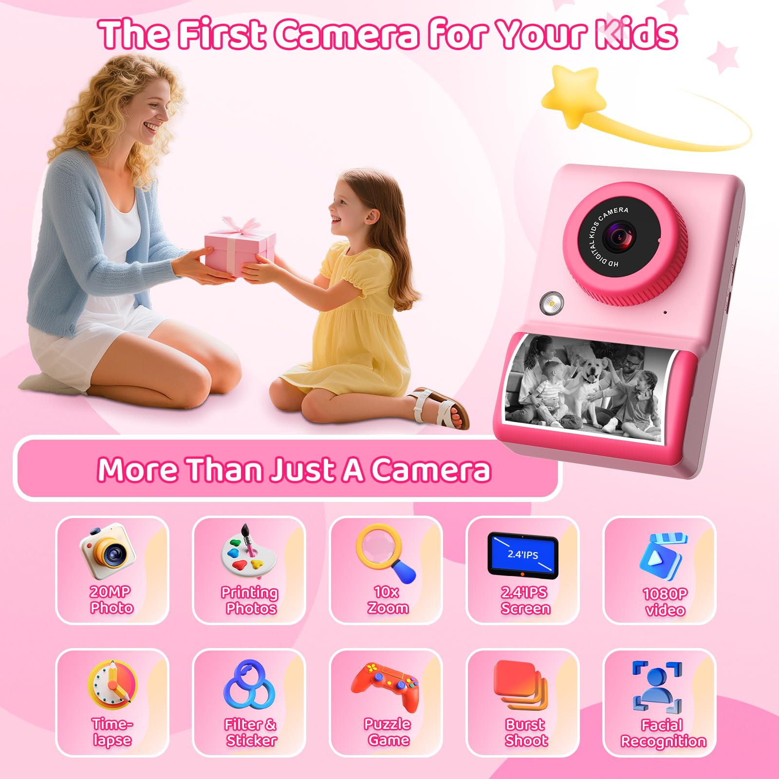 Ushining Cámara instantánea para niños, 1080P HD, cámara instantánea con tarjeta de 32 GB y papel de impresora, pantalla IPS de 2,4 pulgadas, cámara digital, regalos para niños/niñas de 3 a 12 años