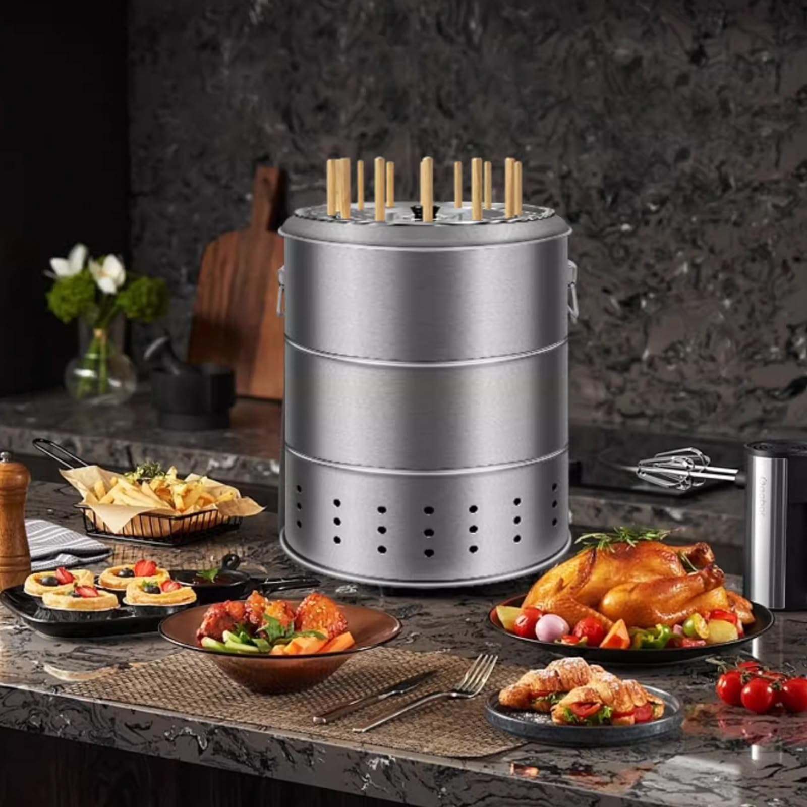 Grandi Griglie a Carbone Portatili, Barbecue a Carbone in Acciaio Inox a Barile, 360° Senza Fumo per Esterni, Fornello a Carbone Sospeso per Feste