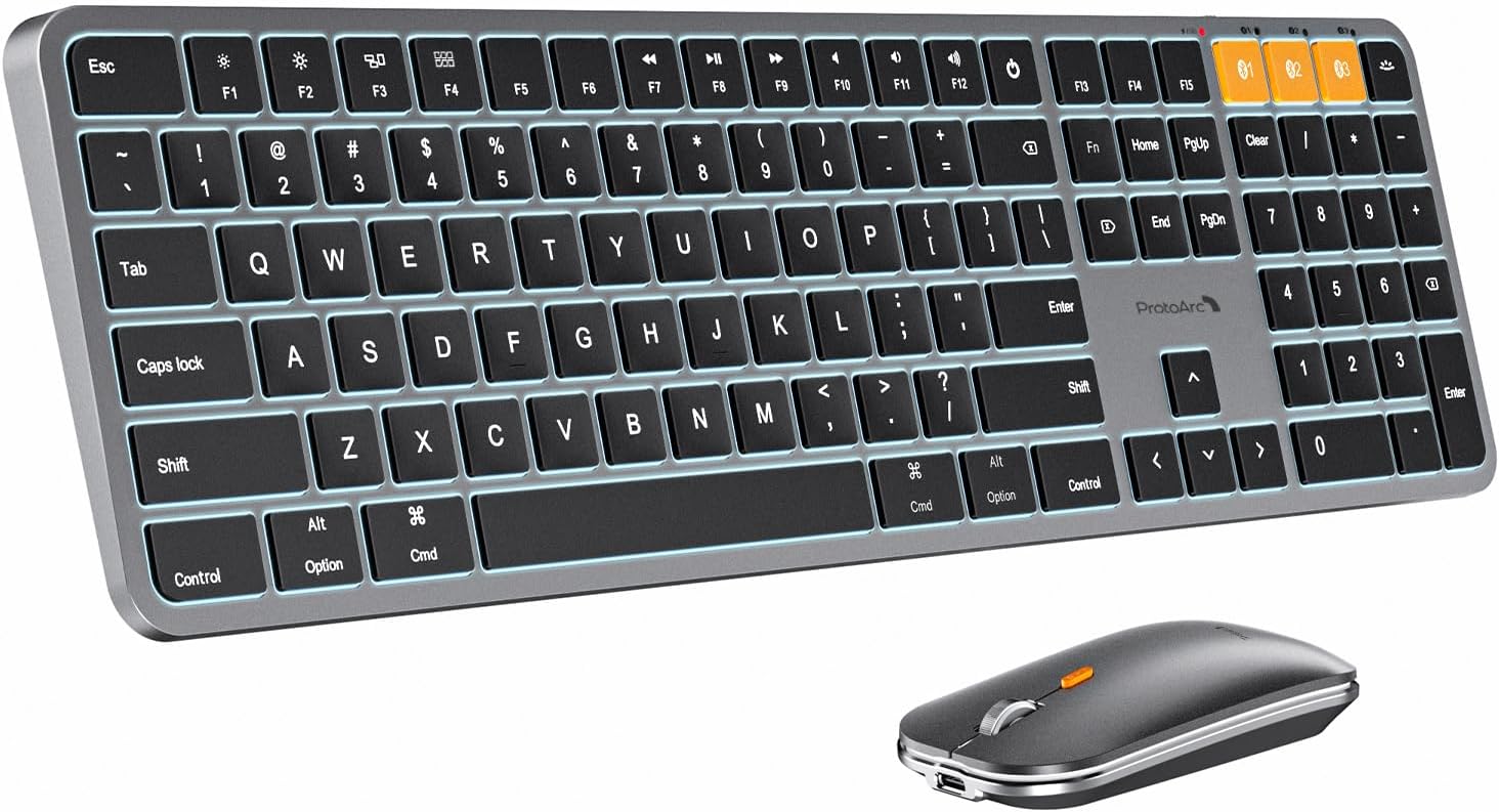 Product image of ProtoArc Backlit Bluetooth Keyboard and Mouse for Mac, KM100-A Full Size Wireless Keyboard Mouse for Mac, Multi-Device Rechargeable for MacBook Pro/Air, iPhone, iPad, Space Gray