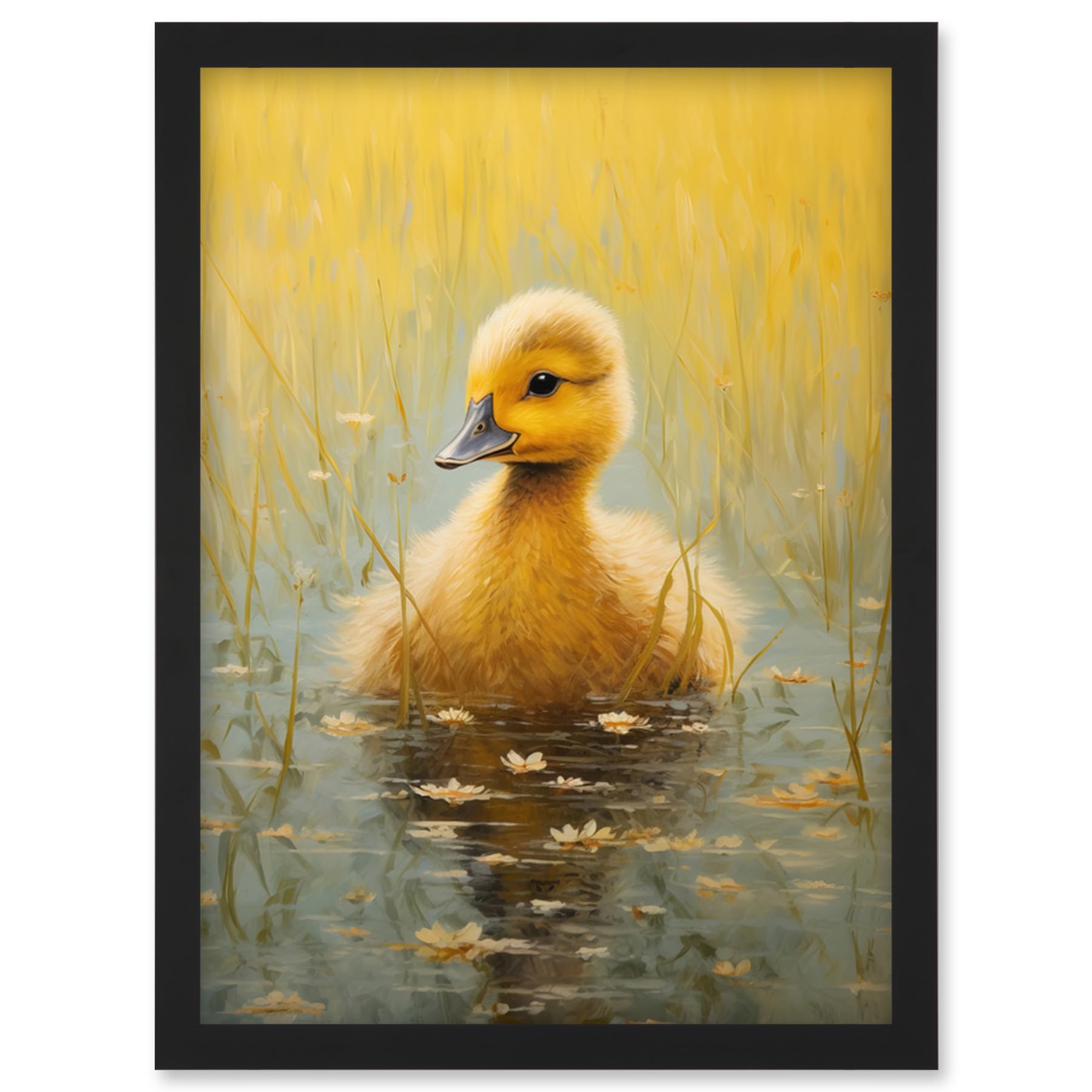 Artery8 Cute Yellow Ducking in Countryside Pond Oil Painting Kids Bedroom Baby Duck Bright Artwork Framed Wall Art Print A4