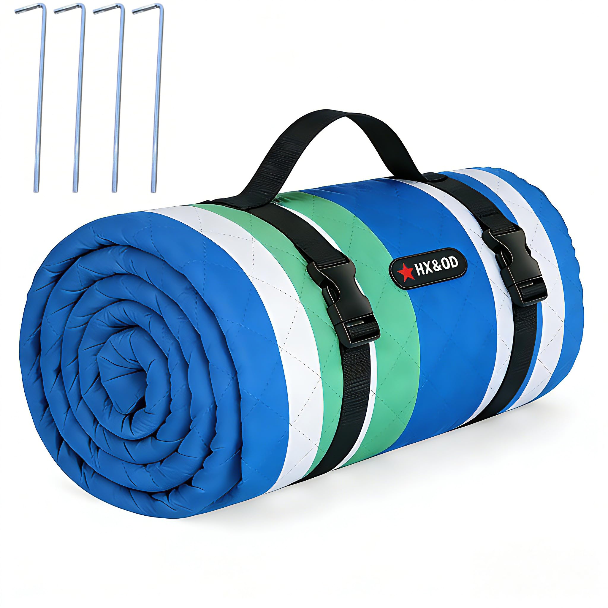 HX&OD Outdoor Picnic Blanket Extra Large, Waterproof Picnic Mat with Stakes Foldable Camping Blanket Portable with Carry Strap for Beach Mat (Blue, 80''*80'')