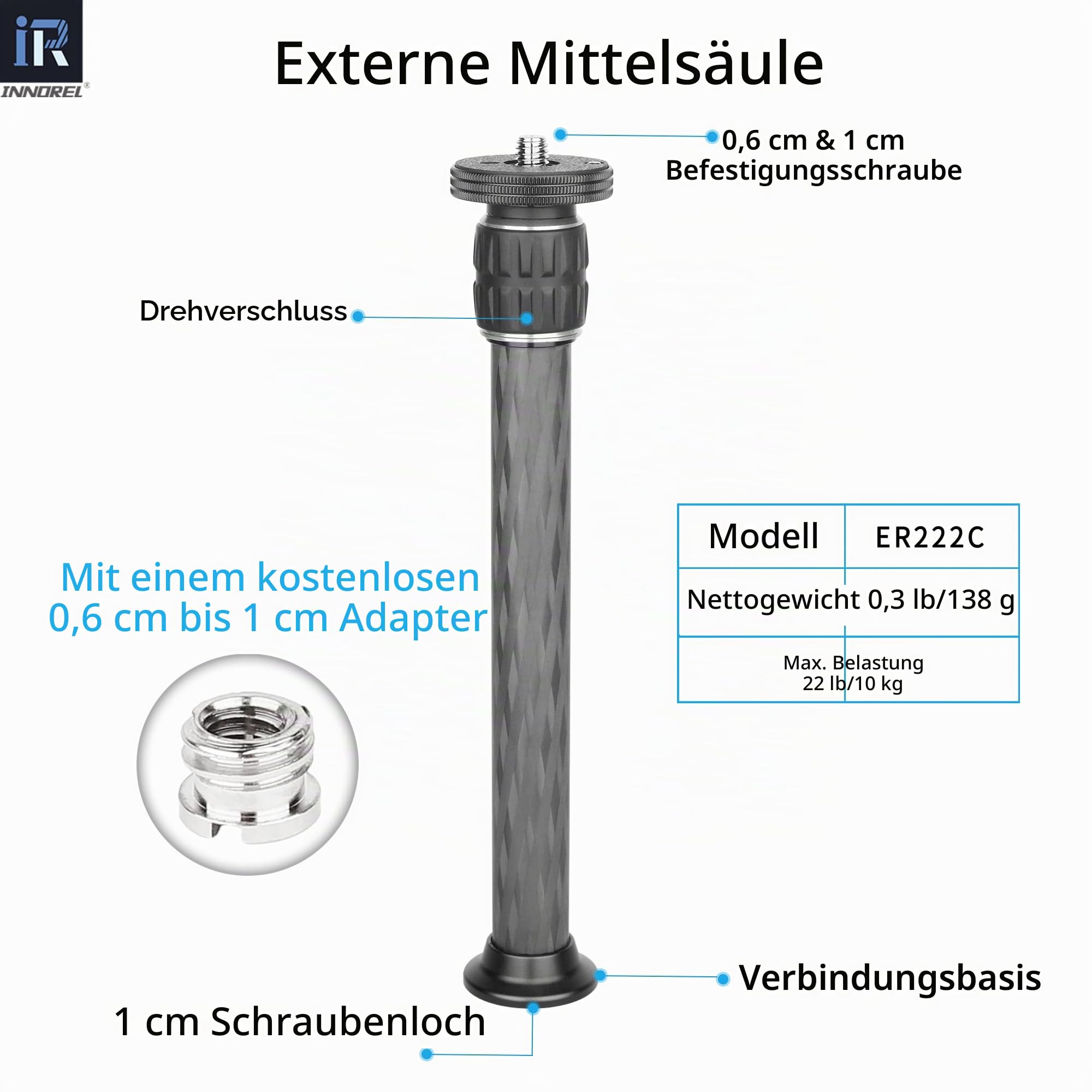 INNOREL ER222C Universal-Verlängerungsstange aus Kohlefaser für Stative mit zweiteiliger Mittelsäule für Stativ, Einbeinstativ, DSLR-Kamera, max. Rohr 22,2 mm