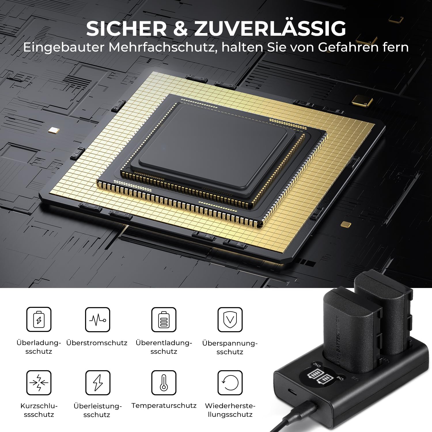 K&F CONCEPT LP-E6NH Ersatzakku, 2250mAh Akku Dual Slot USB Ladegerät Set Kompatibel für Canon