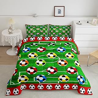 Football Comforter Set Sports Bedding Set Soccer Ball Comforter for Kids Boys Girls American Football Green Duvet Set Room Decor Quilt Football Field Print Full Size Boys