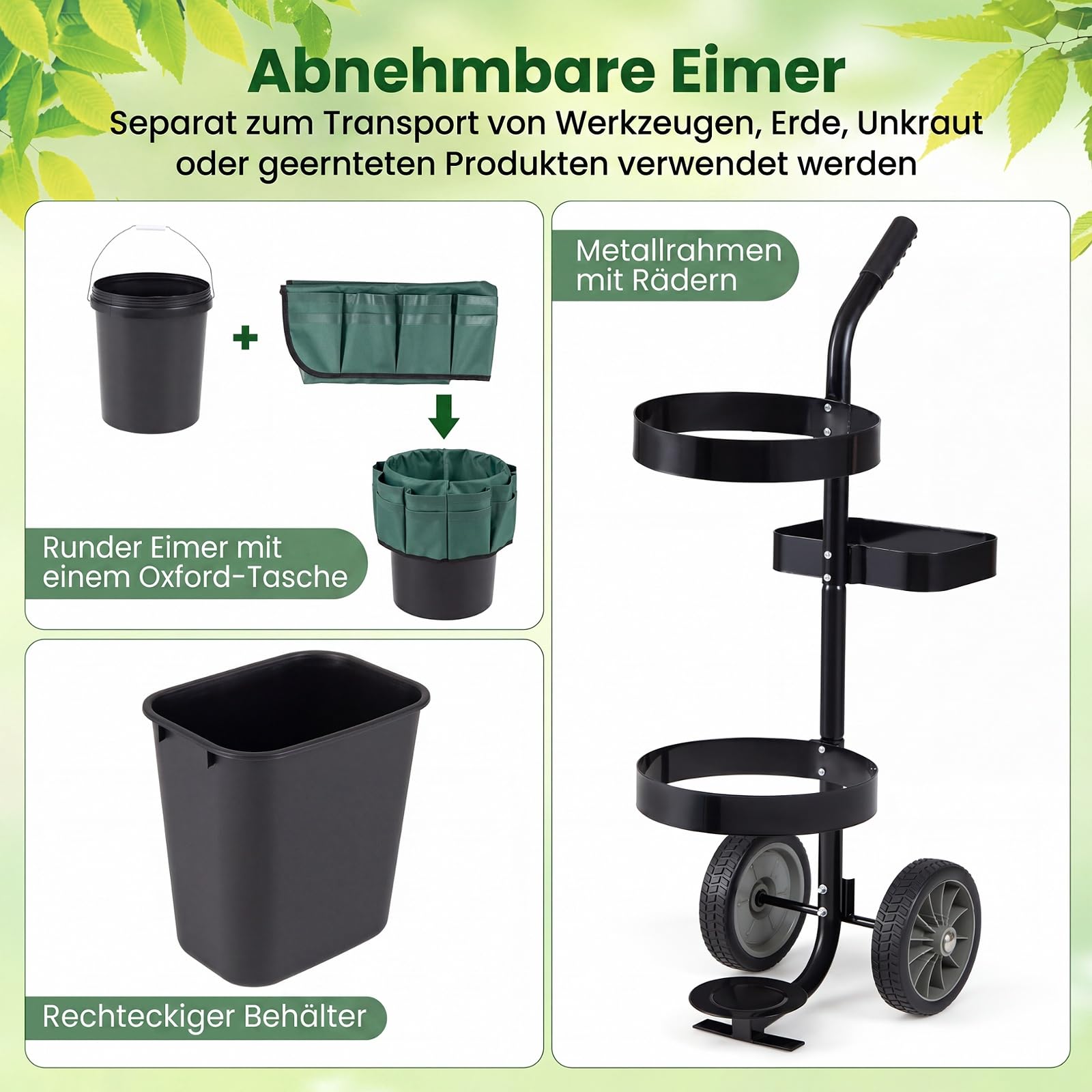 COSTWAY Gartenwagen, Werkzeugtrolley mit 10 + 20 L Eimer, Tasche aus Oxford-Gewebe, Werkzeugwagen mit Gerätehalter, Transportwagen für Gartenwerkzeug, Stahl, für Garten Keller