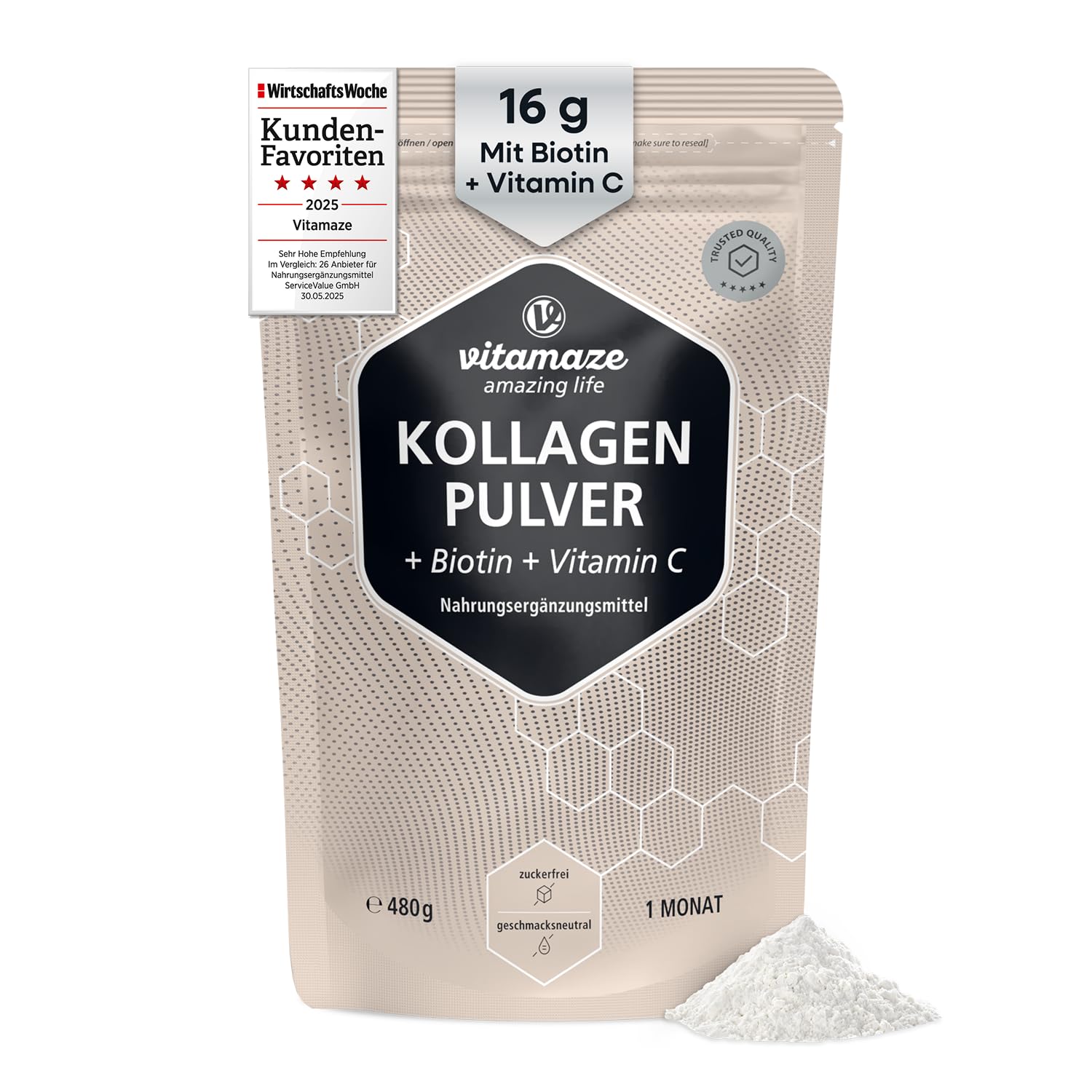 Premium Collagen Plus Pulver – Bioaktives Kollagen Hydrolysat Typ 1 & 3 mit Vitamin C & Biotin, 480 g, geschmacksneutral, Glow-Formel