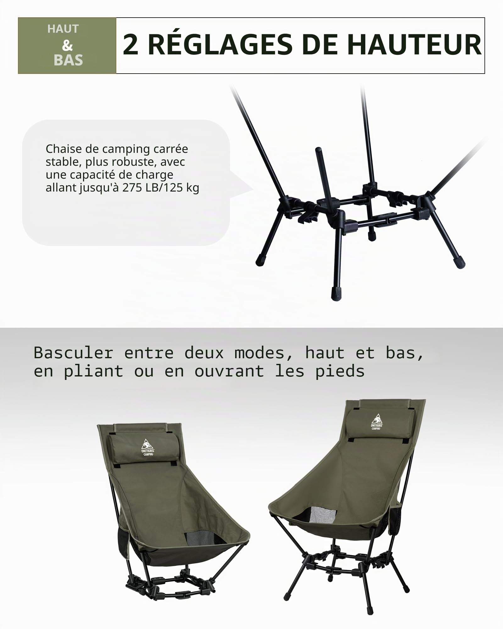 Chaise de camping OneTigris Dragonhide, chaise à dossier haut, chaise pliable, 150 kg, chaise de camping légère, chaise de pêche pliable avec 2 poches latérales, chaise pliante ultralégère pour