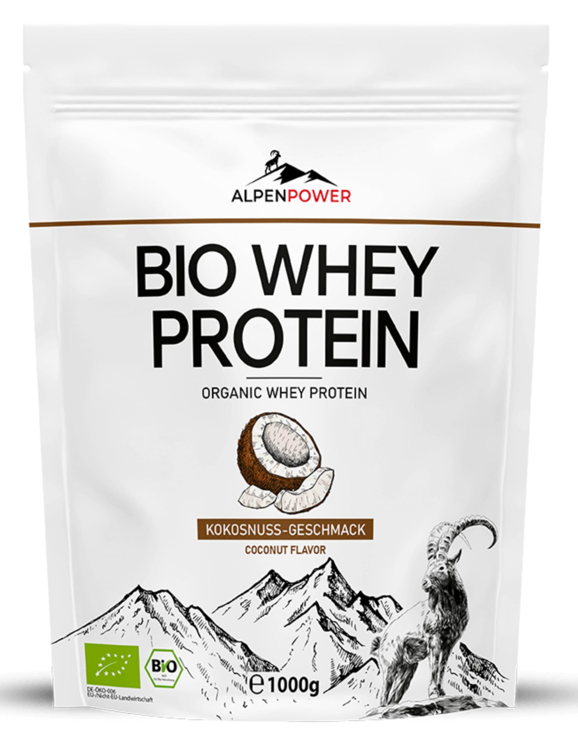AlpenPower BIO WHEY proteine al gusto di cocco 1 kg - Ingredienti 100% naturali e senza additivi - Prodotto con il miglior latte alpino biologico - Polvere proteica CFM di alta qualità