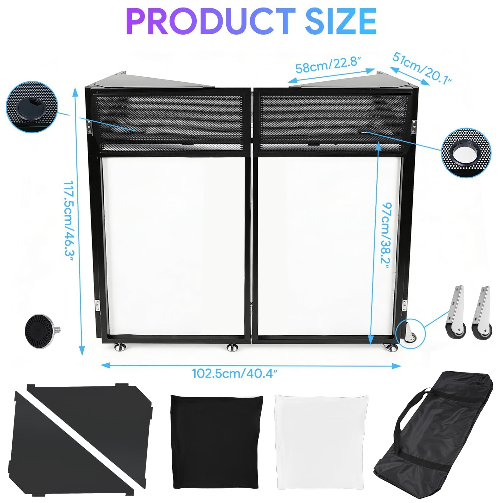 Upgraded Portable DJ Booth with Wheels, 44" x 20" DJ Stage Setup with Replaceable Black and White Scrims, Folding Portable Bar Table for Party, Wedding, Events - 3
