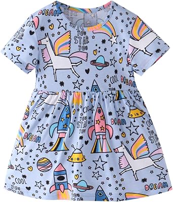 Toddler Girls Summer Cartoon Unicorn Dress Cotton Casual Dresses Short Sleeve Crew Neck Sundress 2-7 Years