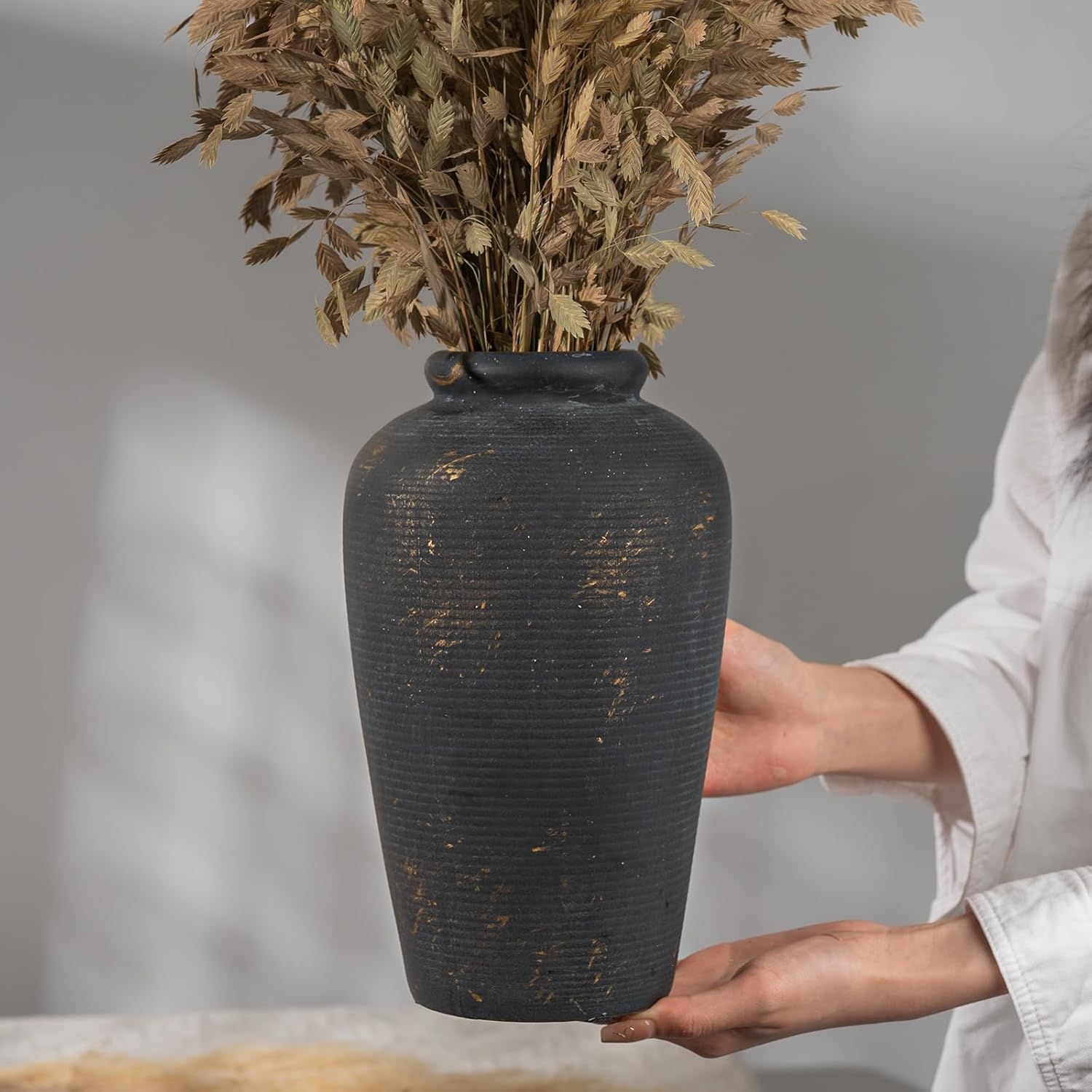 Rustic Ceramic Flower Vase, Small Decorative Terracotta Boho Vase for Living Room, Table Centerpiece, Shelf Decor, Farmhouse, Entryway - 11 Inch Tall, Vintage Black - Image 3