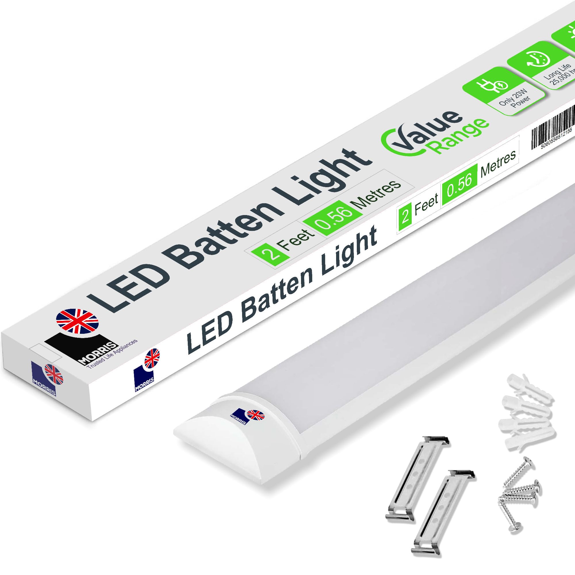 Morris LED Batten Light 2ft - 20W 2400LM, IP20 Rated, 6500K Bright Daylight, Single Light for Basement, Garages, Retail Shelving - Value Range