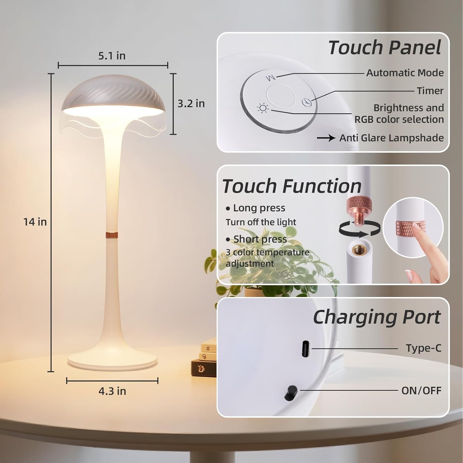Cordless Table Lamp, Portable Battery Operated Touch Control Lamp with 3 Colors & 7 RGB Stepless Dimmable, Rechargeable Table Lamp for Home Office/Dinner/Restaurant/Bedroom (White)