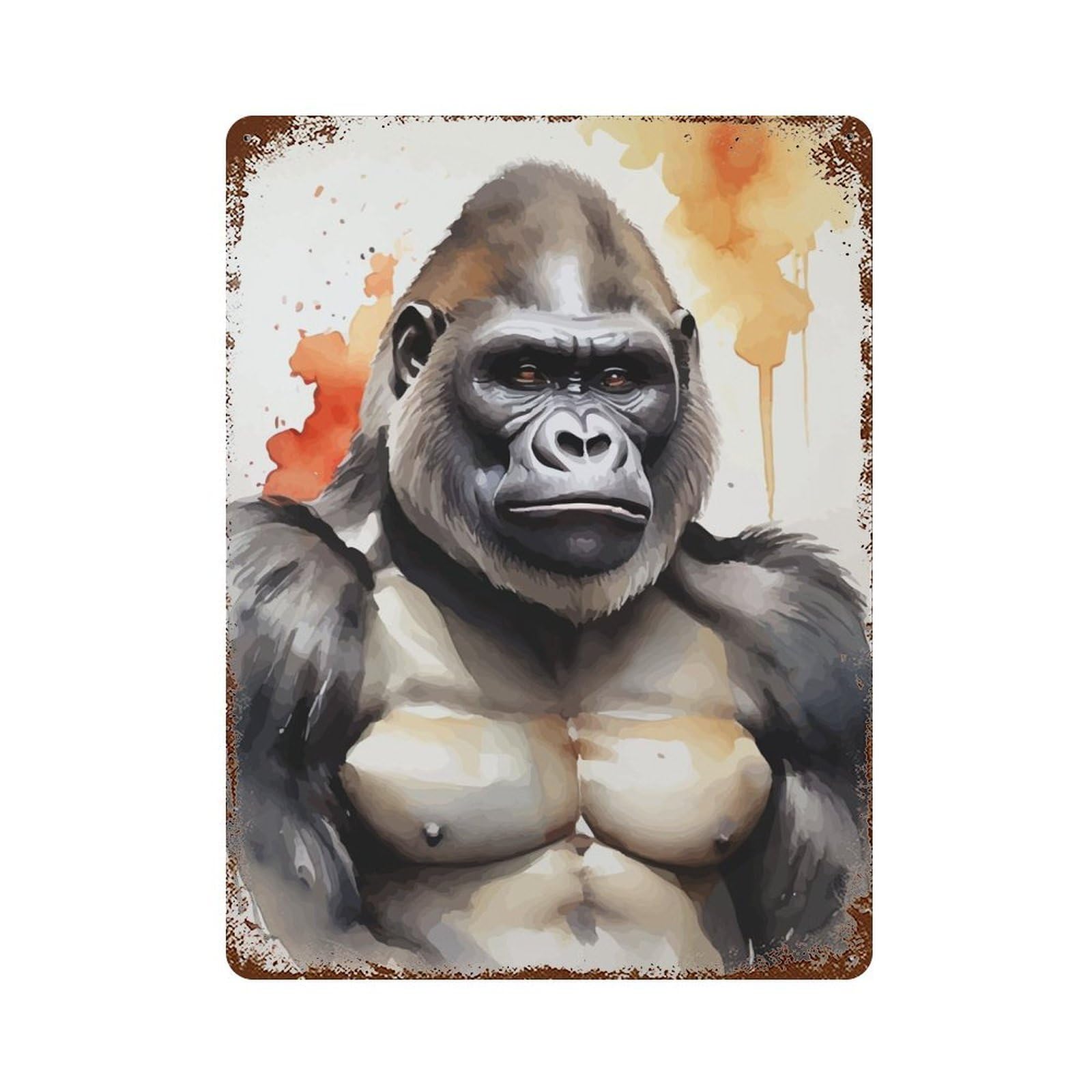 Watercolor Painted Gorilla Vintage Rust Metal Sign 15.7"x11.8", Classic Wall Plaque for Basement, Hobby Room And Garage Decor