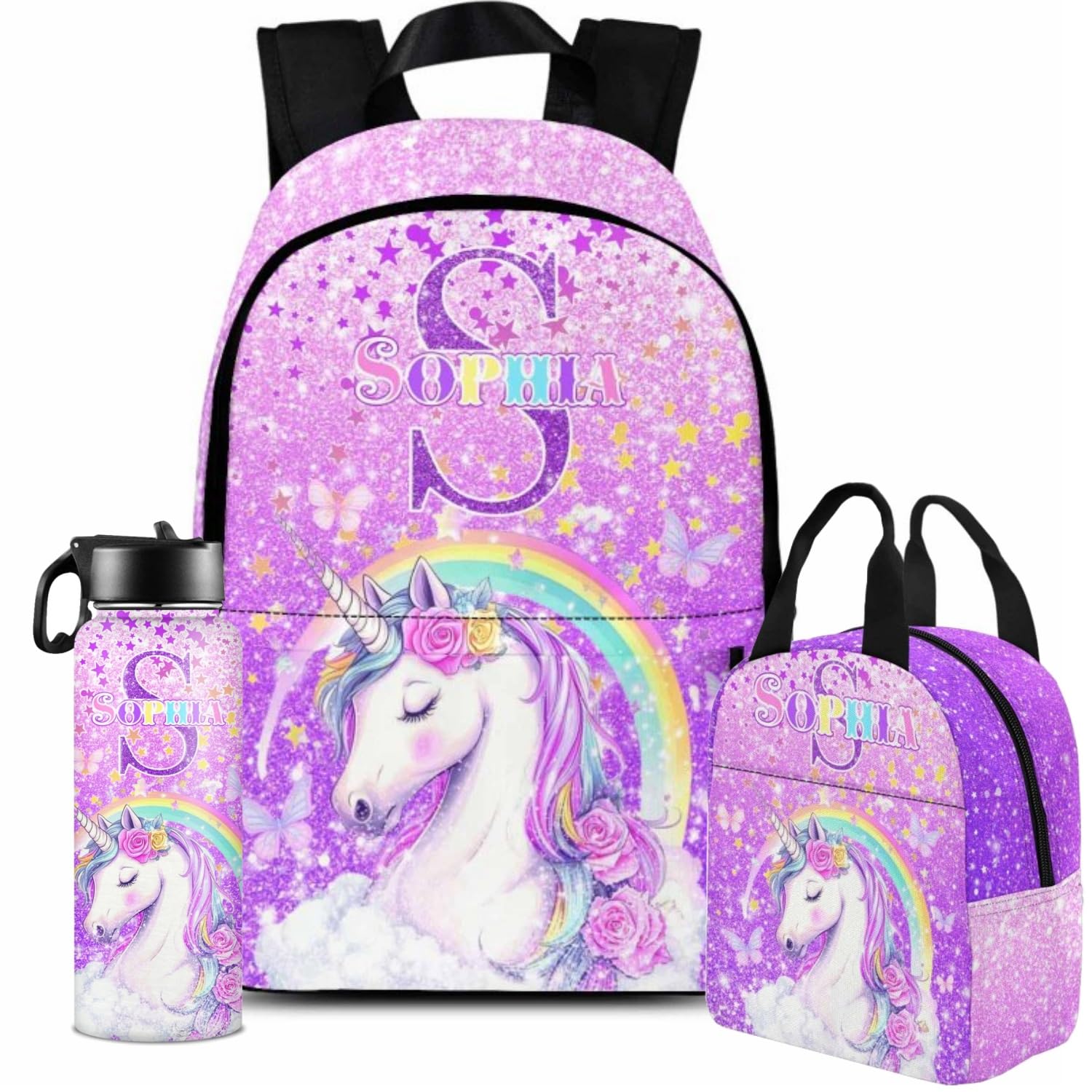 Generic Personalized Backpacks for Girls, Custom Unicorn Backpack with Lunch Box for School Kids, Customized Lunch Bag Bookbag with Name for Daughter