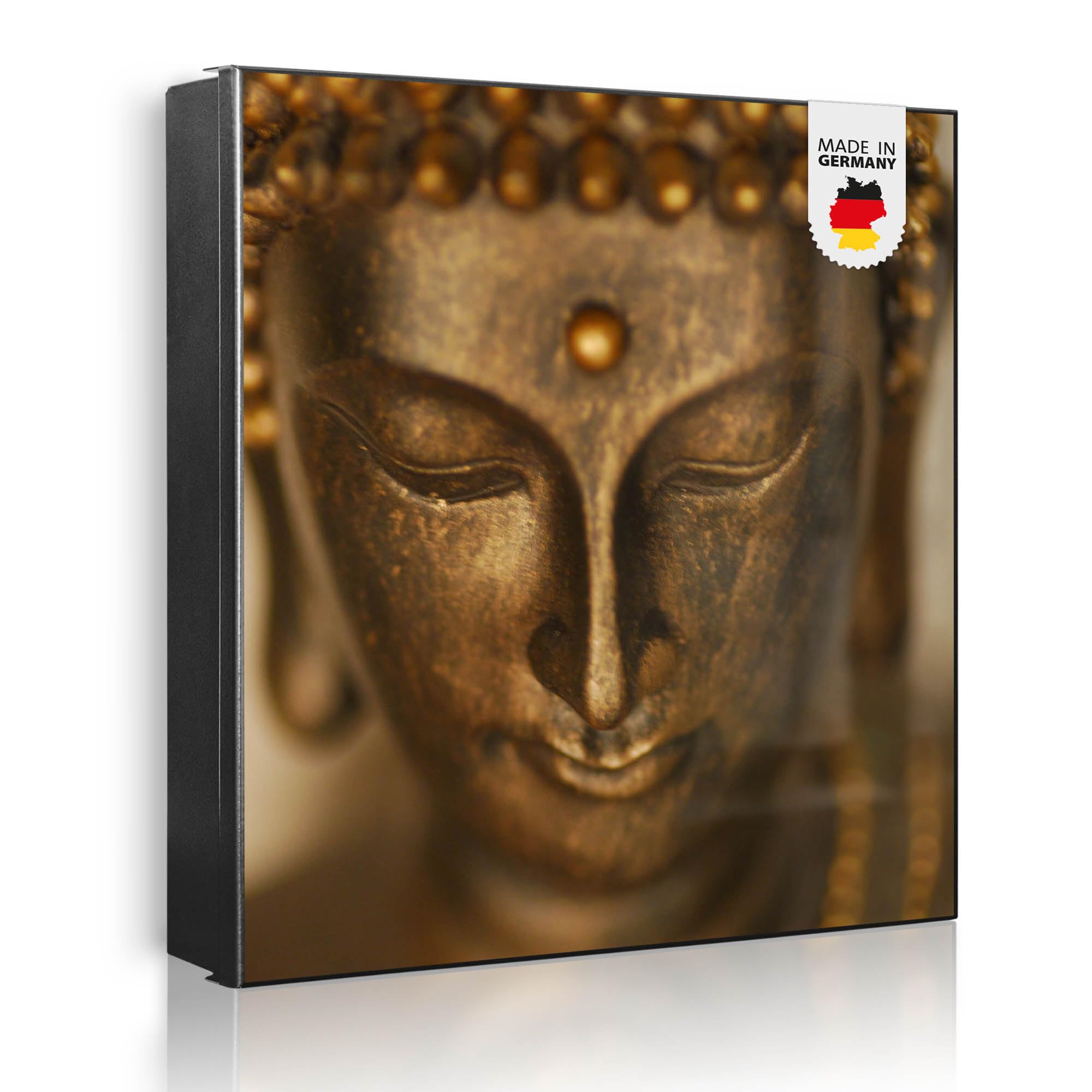 banjado Großer Schlüsselkasten Metall - Schlüsselbox 30x30cm beschreibbarer mit 32 Haken - Schlüsselkasten modern für Schlüsselaufbewahrung - Korpus Schwarz Scharnier Links - Motiv Buddha Gold