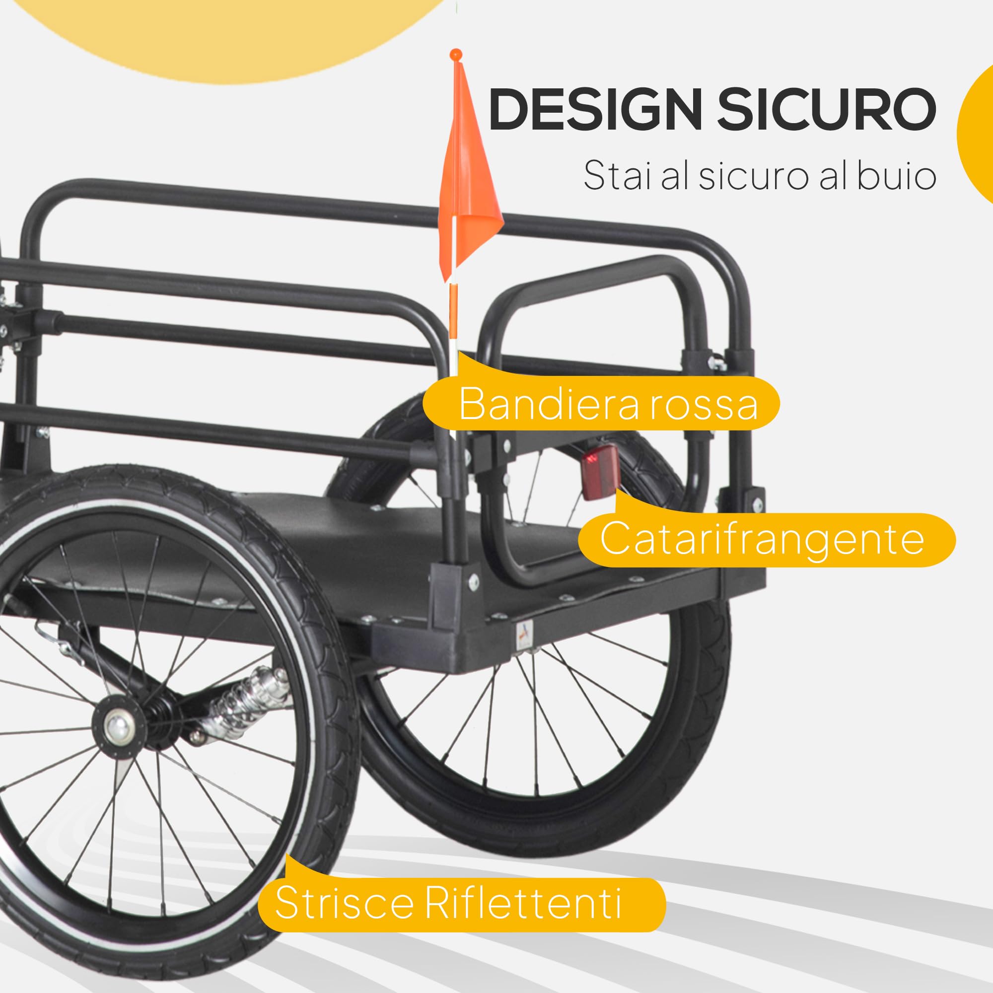 HOMCOM Rimorchio per Bicicletta da 70L con 2 Ruote da 40 cm, 2 Catarifrangenti e Bandierina, Carrello Bici in Acciaio e PE, Capacità di Carico 40kg, 125x64x53.5 cm, Nero