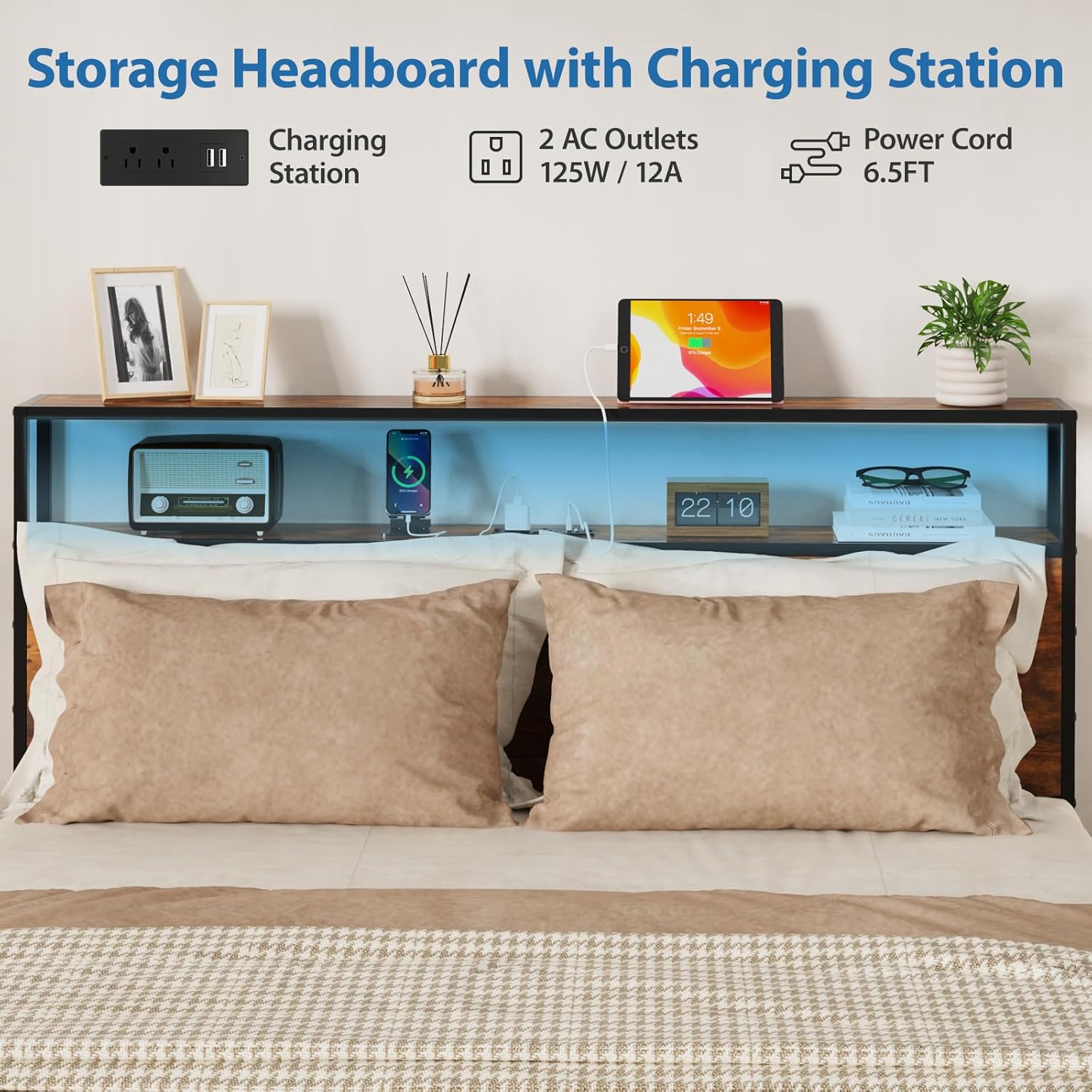 Queen Bed Frame with Headboard, Heavy Duty Metal Platform Queen Bed Frame with Built-in Charging Station & Led Light, Bed Frame Queen Size with 4 Drawers, Noise-Free, No Box Spring Needed, Brown