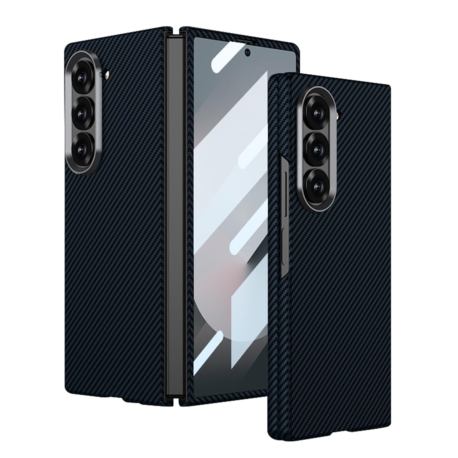 Smukłe etui do Samsung Galaxy Z Fold 6, wbudowana osłona ekranu ze szkła hartowanego, odporna na wstrząsy osłona ochronna cienka tekstura włókna węglowego, twarda obudowa, niebieska, składana