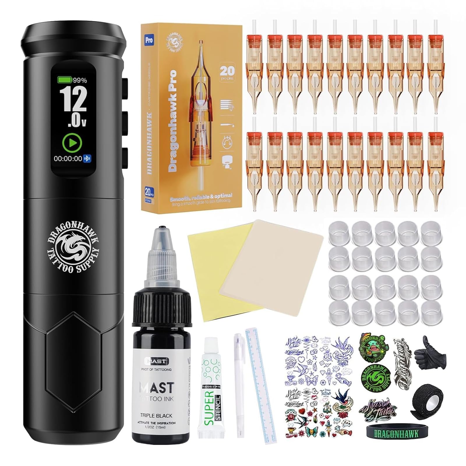 Dragonhawk A1 Pro Tattoo Maschine Set, 4,0 mm Hublänge,2000mAh Akku | Kabellose Tätowiermaschine,2000mAh Akku,20 Nadeln Für Linien & Schattierung auf Übungshaut Ideal für Anfänger