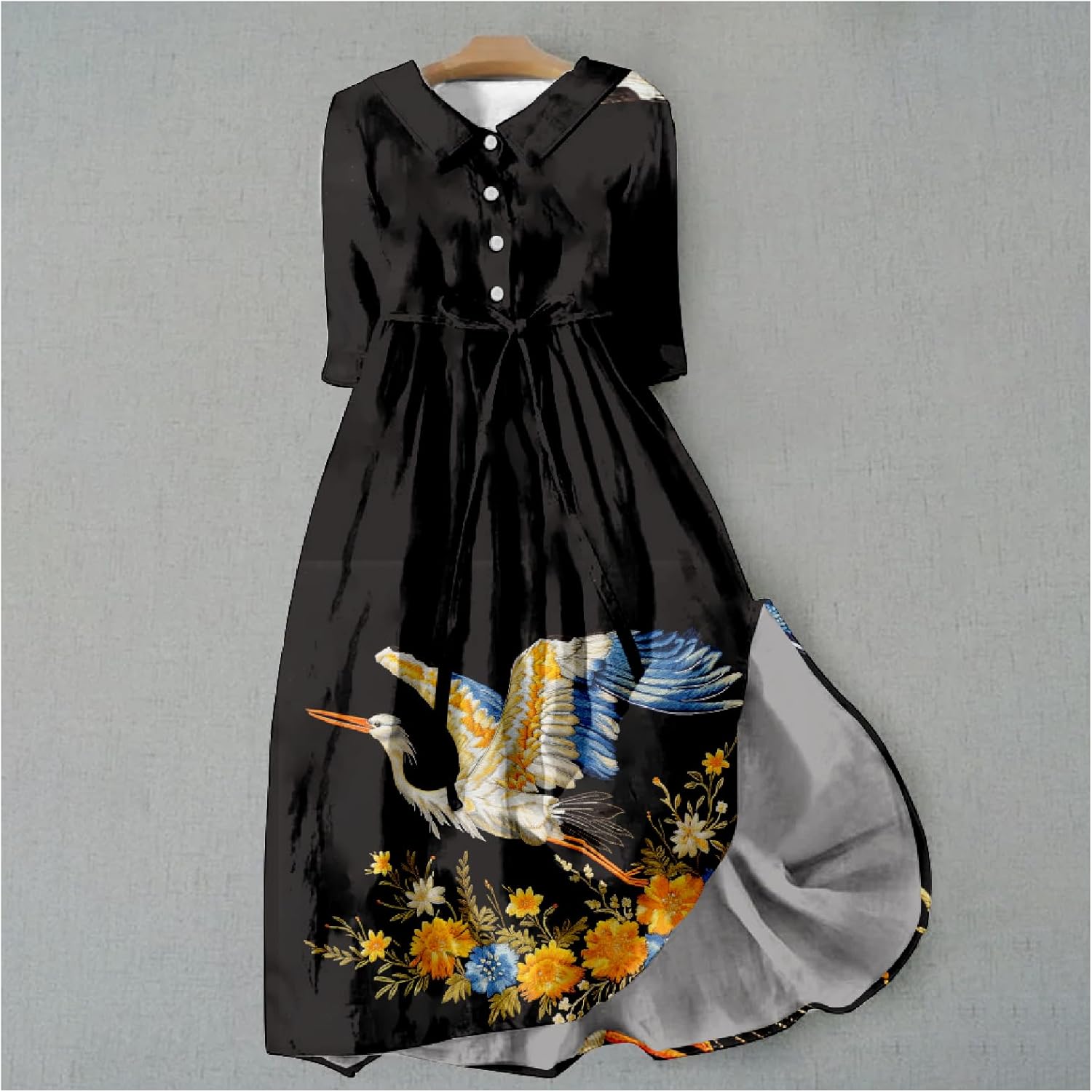 Casual Dresses for Women 2024 Spring Summer Japanese Cranes Plus Size 3/4 Sleeve A-Line Trendy Loose Dresses - Image 2