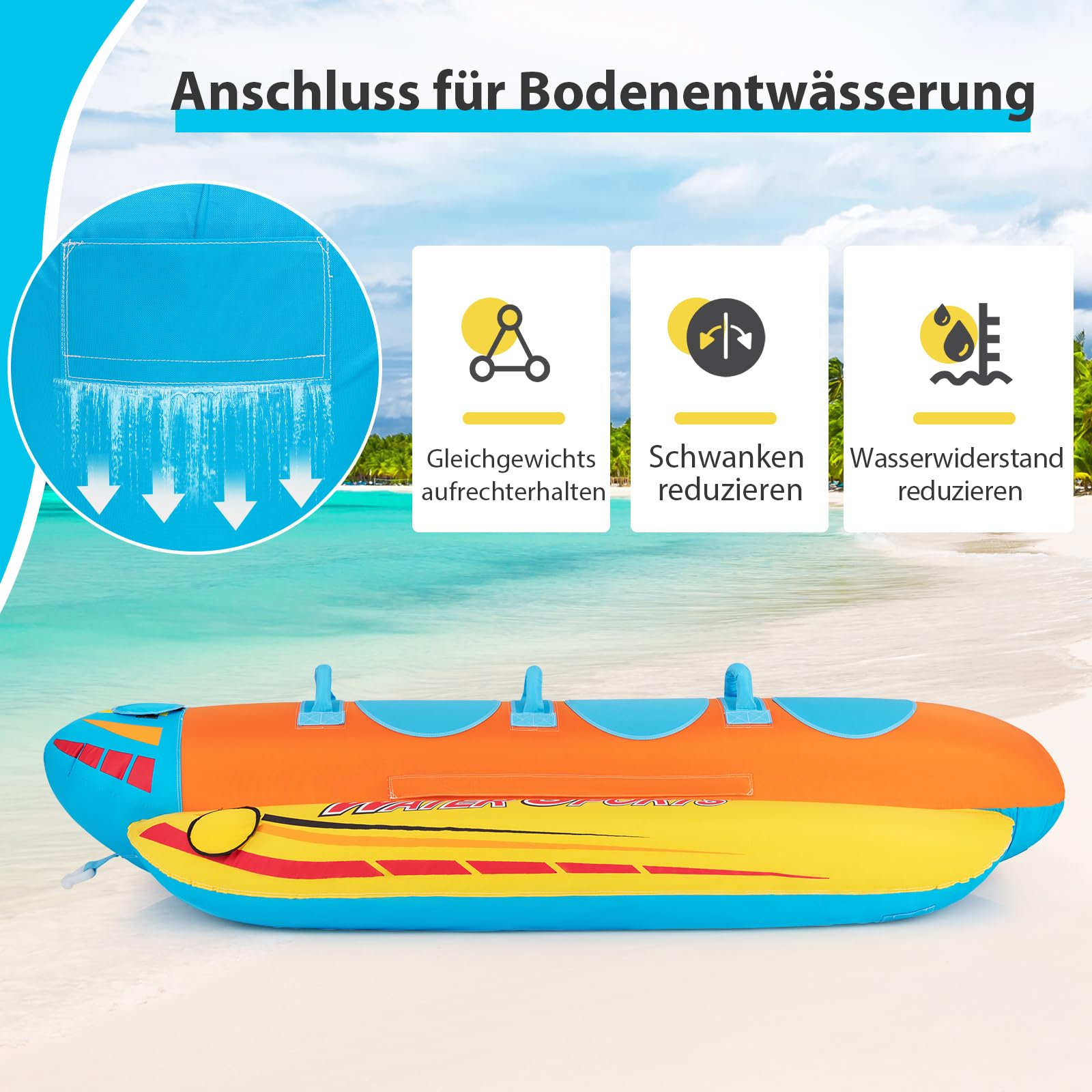 COSTWAY Bananenboot für 3 Personen, Towable Tube mit 3 Eva-gepolsterten Sitzen und Griffen, Wassersport Funtube, Formula Tube für Boot, Reparatursatz enthalten
