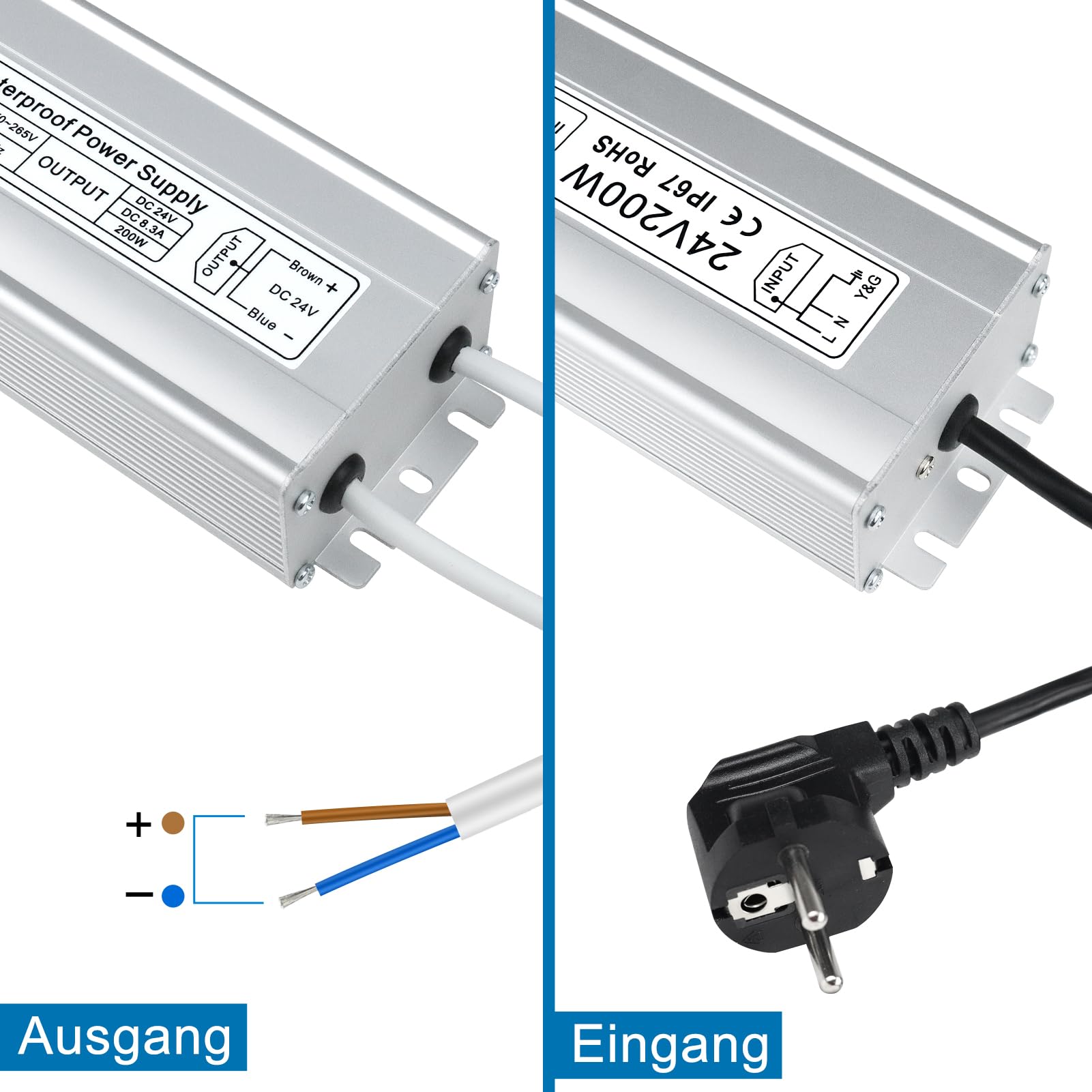 inShareplus Trasformatore LED 24 V 8,33 A 200 W IP67 impermeabile driver per esterni, AC 220 – 240 V a DC 24 Volt a bassa tensione, alimentatore da 24 V per luce LED, progetto computer, uso esterno