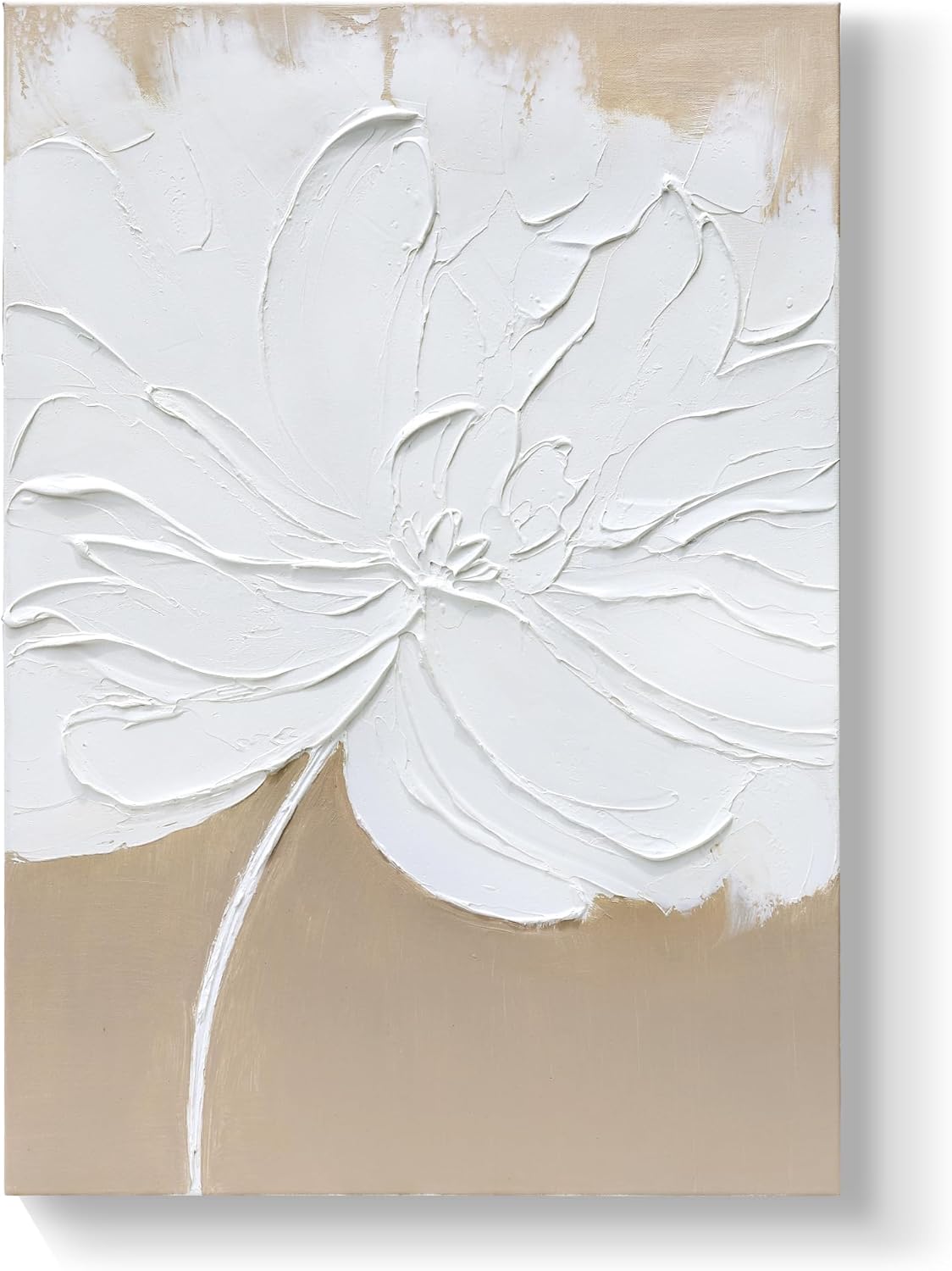 Artaanchuil Hand Painted White Flower Texture Wall Art - 28x40 Inch Beige Canvas Abstract Oil Painting Vertical Modern Artwork for Living Room Wall Decoration