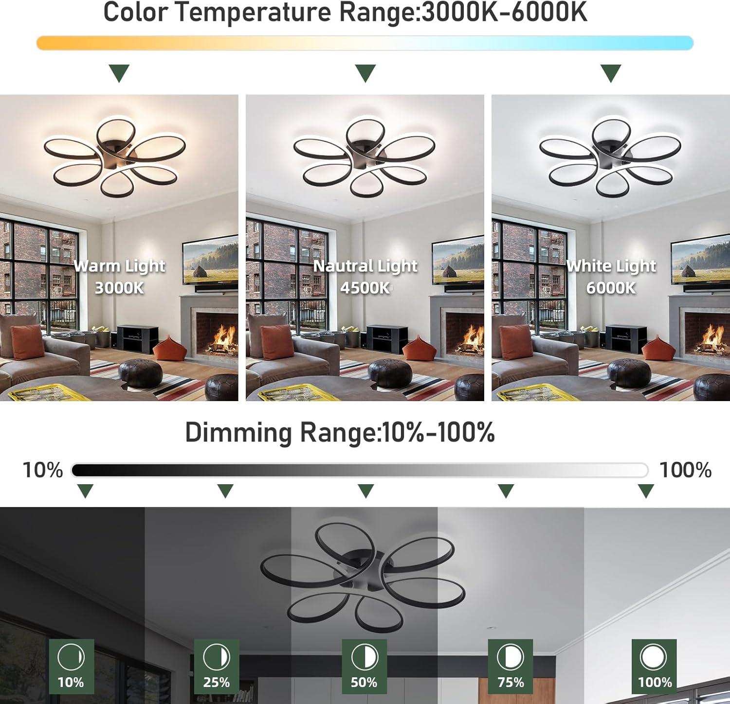 26inch modern led ceiling light, 6 rings flower flush mount light fixture with remote control black dimmable ceiling lamp for living room, bedroom, dining room, hallway, kitchen