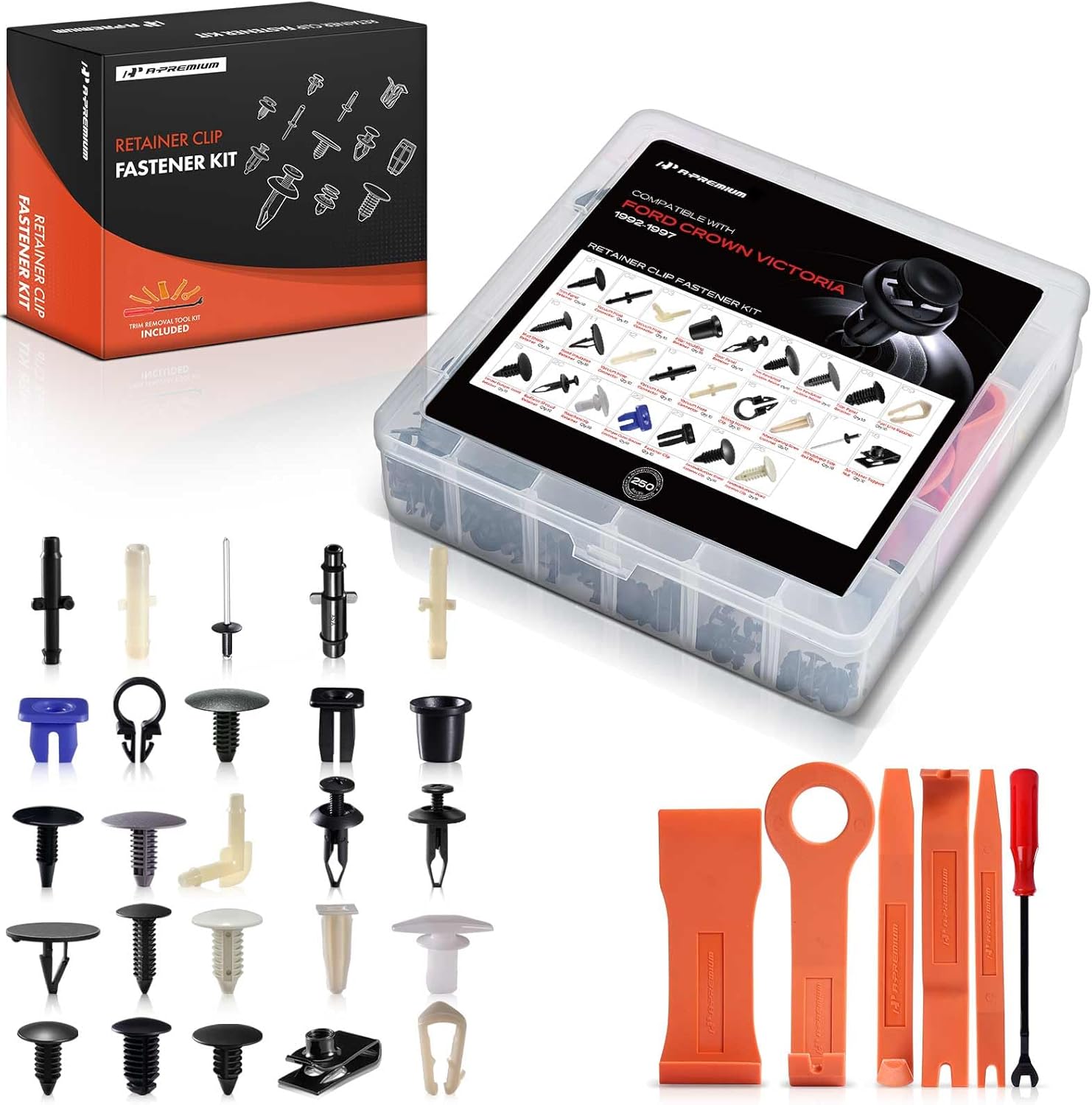 A-Premium 250Pcs Nylon Bumper Retainer Clips Fender Fasteners Door Trim Panel Molding Hood Auto Push Pin Plastic Rivets Kit Compatible with Ford Crown Victoria 1992-1997, with Removal Tool 44 oz