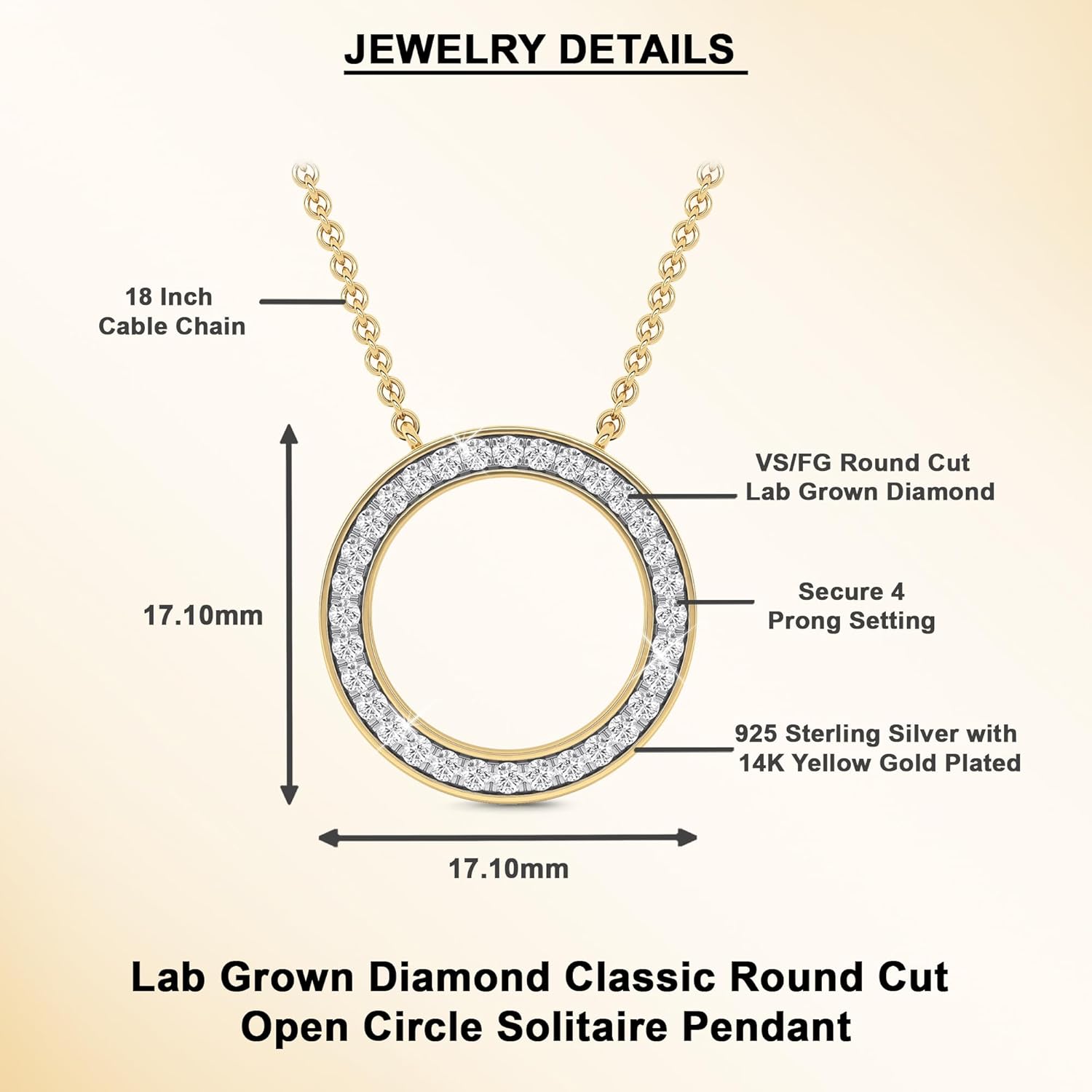 DEWBERRY 1/3 cttw Round Cut Lab Grown Diamond Pendant Open Circle Necklace for Women | 18 Inch Chain Necklace with 14K White Or Yellow Gold Plated 925 Silver VS-FG Diamond Pendant (0.32 cttw)