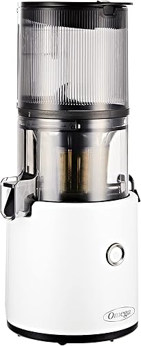 Omega Exprimidor JC2022WHT11 - Extractor de jugo de verduras y frutas de masticación lenta serie sin esfuerzo para jugo por lotes con tolva extra