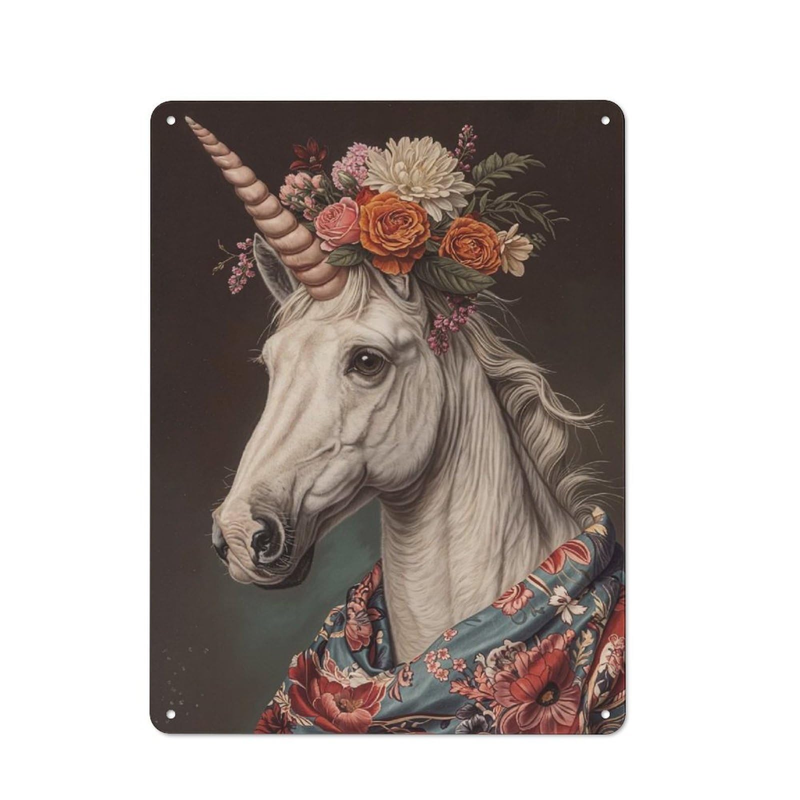 Retro Metal Plaque 40x30cm Featuring Unicorn with Flowers, Bistro Wall Plaque for Bakery, Diner, Cafe Or Family Room