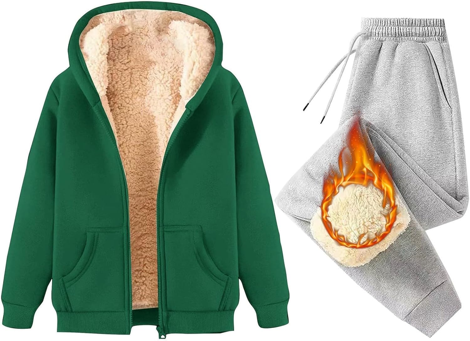 Womens Sherpa Lined Lounge Sets 2 Piece Outfits Sweatsuit Winter Zip Up Sweatshirts Jogger Pants Matching Sweat Set