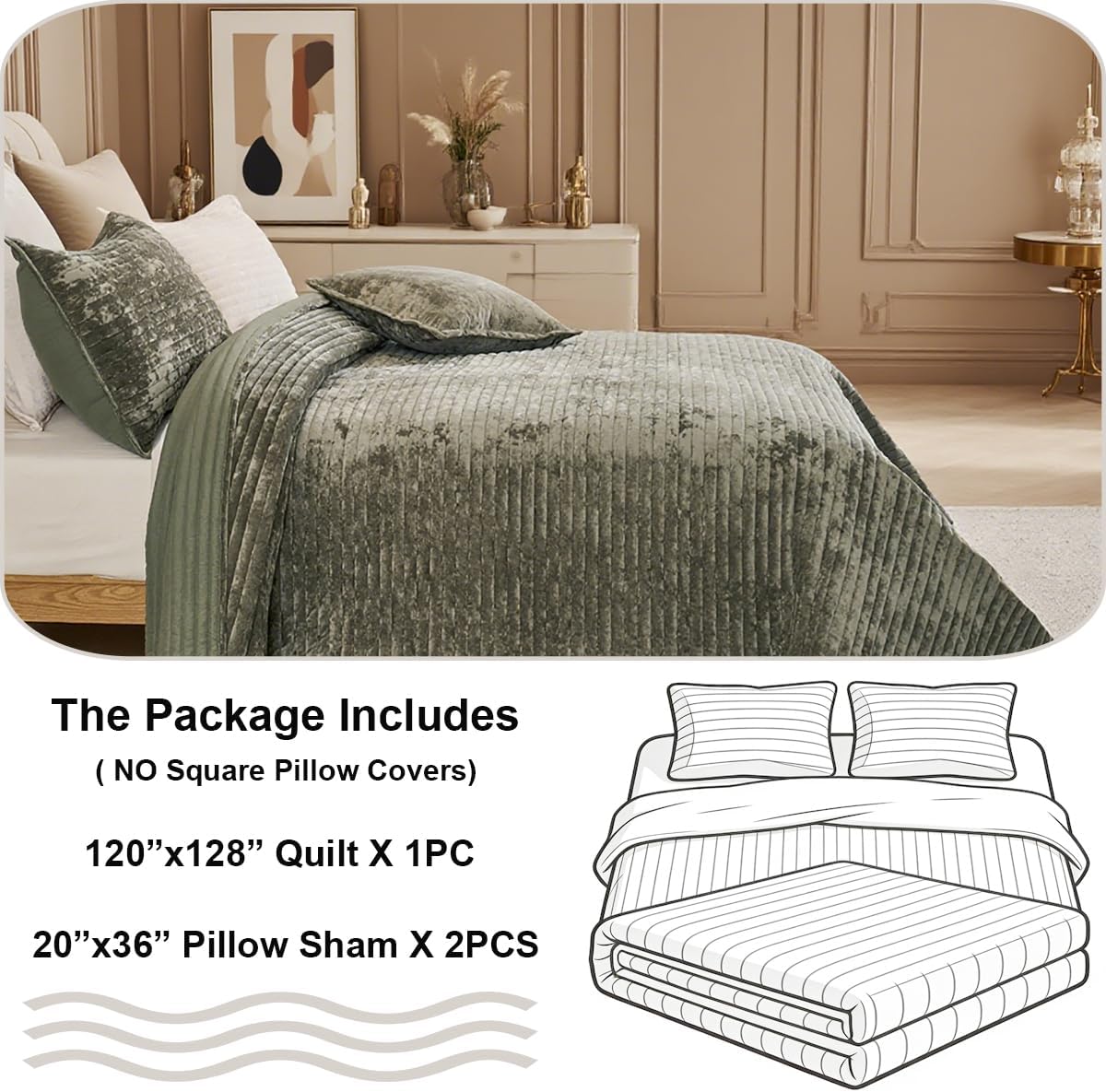 3 Pieces Luxurious Velvet Oversized King Quilt Bedding Set 120x128 Striped Bedspread Coverlet Quilted Set with 2 Pillow Shams 20x36 Ultra Soft Comforter for All Season, Army Green - Image 5