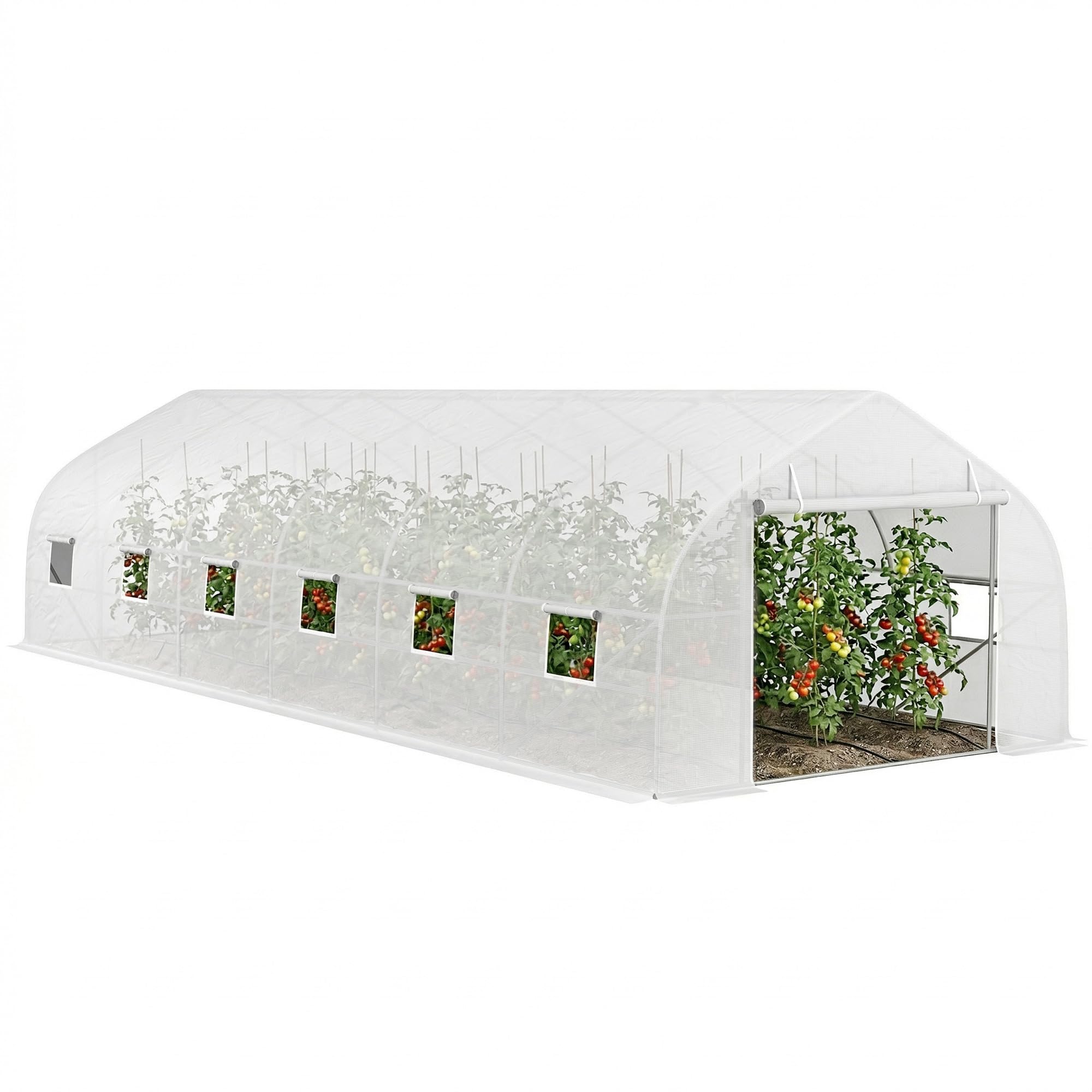 Outsunny Serre de Jardin Tunnel 24 ㎡ Grande Taille 8 x 3 x 2 m avec bâche PE Cadre en Acier galvanisé Ø 24 mm Porte Enroulable et 12 fenêtres Blanc