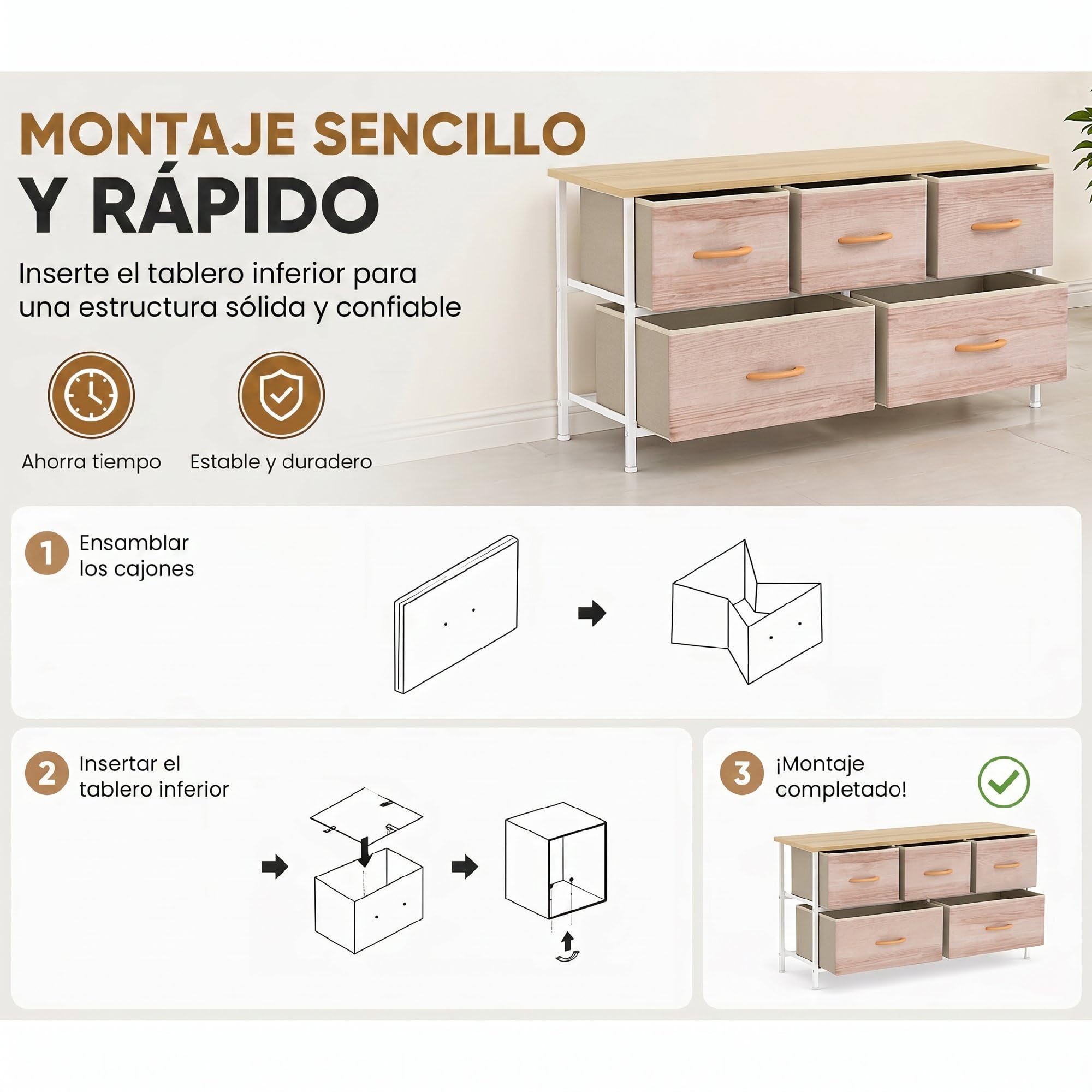 HOMCOM Cómoda con 5 Cajones de Tela para Dormitorio Salón Natural y Blanco