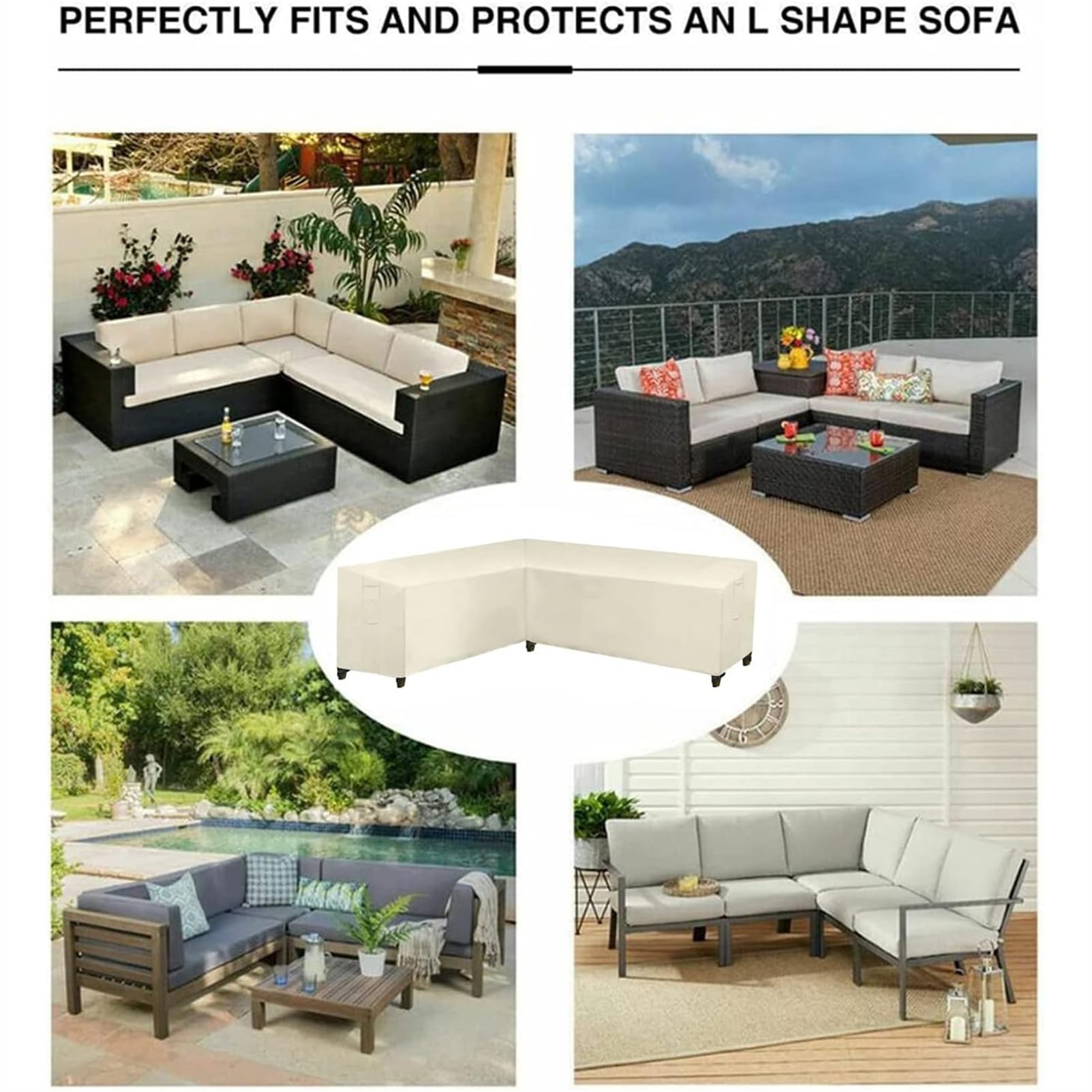 Copertura Divano Esterno A L, Impermeabile Copertura Divano a Forma di V, 420D Copridivano Angolare Esterno, Coperture per Divani da Giardino, Anti-vento, Anti-UV (270x270x90cm,Bianco)