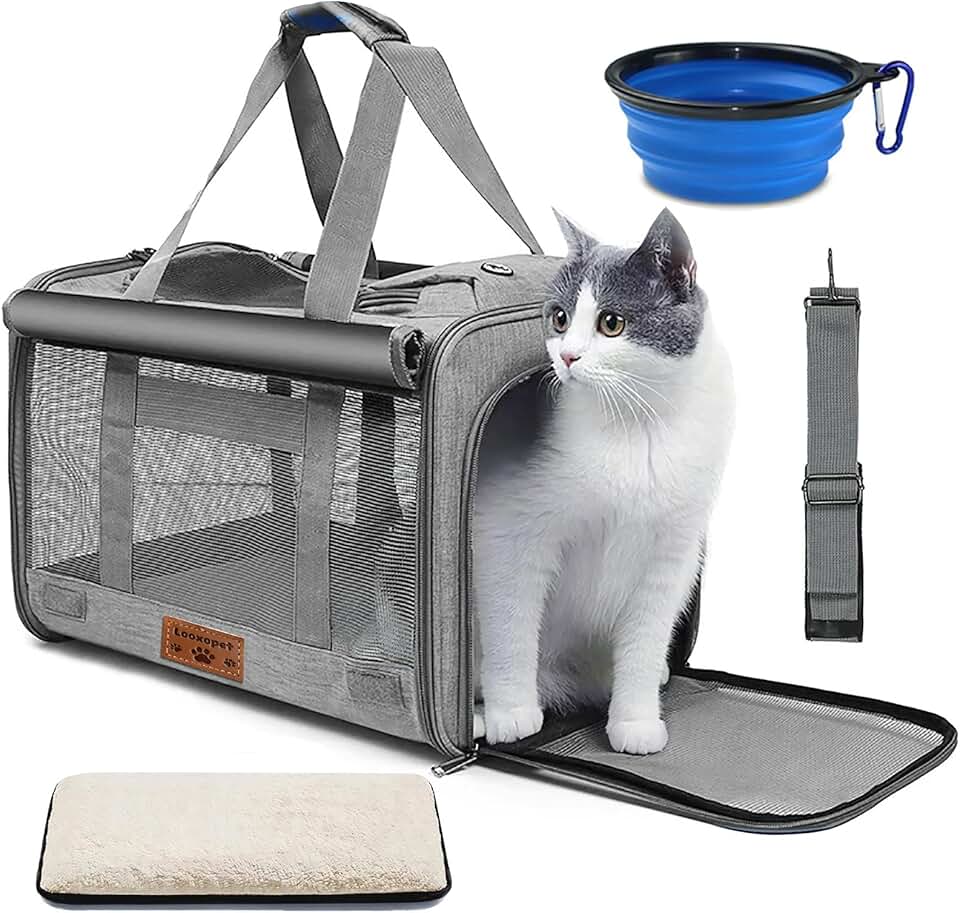 Bolsa de Transporte Pet,Caixa de Transporte para Gatos Cães Avião Viagem com Almofada 46×30×30cm Cinza
