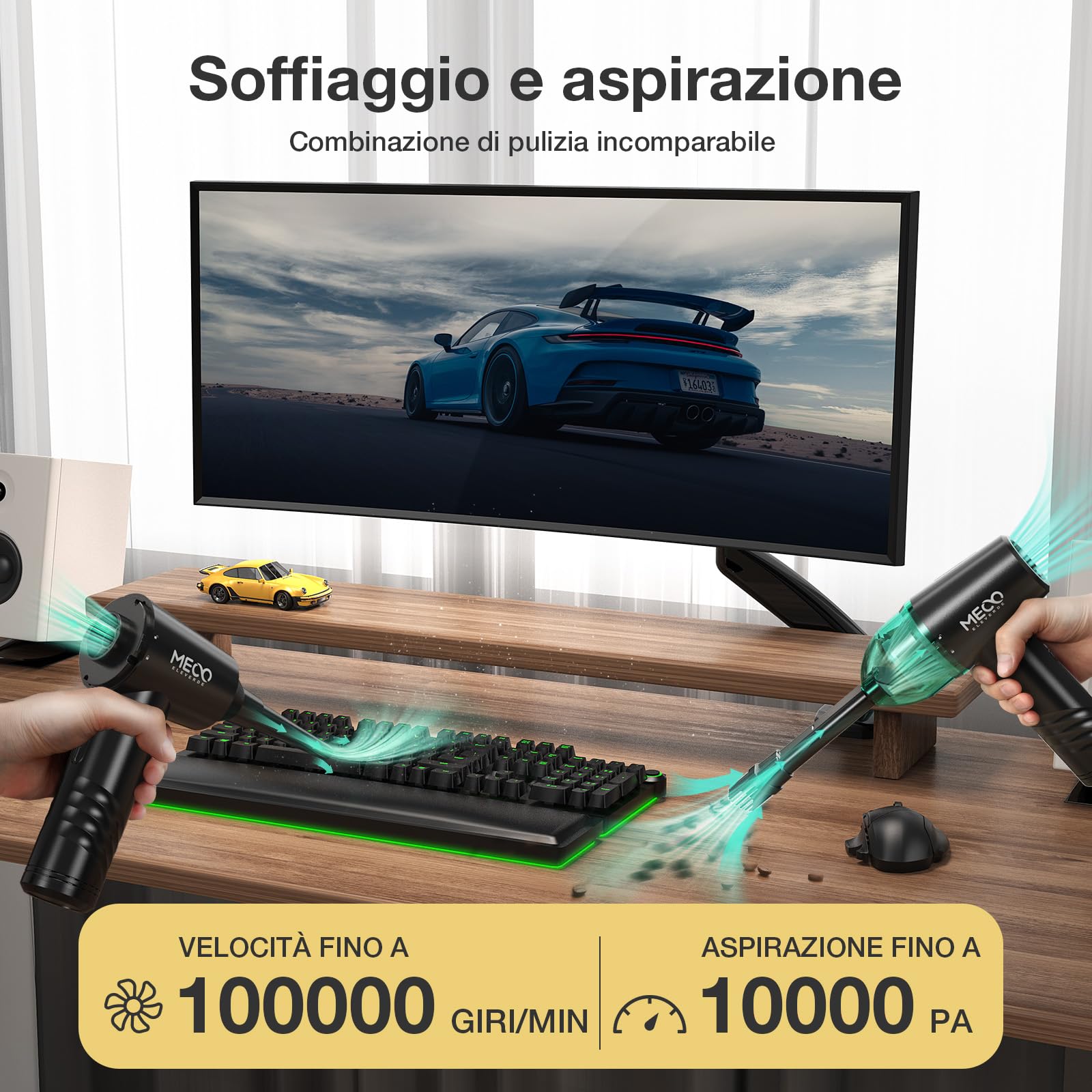 MECO ELEVERDE 2 in 1 Aspirapolvere Per Computer, 100000 Giri/Min Elettrico Rimuovi Polvere Aria Compressa Senza Fili, 3 Velocità Soffiatore Portatile, 10Kpa Aria Compressa Spray PC, Auto, Verde