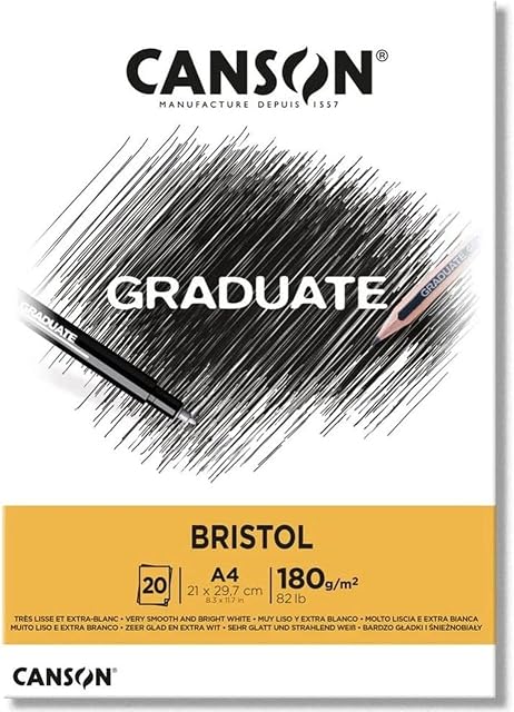 CANSON Graduate Bristol 180gsm A4 Paper, Very Smooth, Pad Glued Short Side, 20 Bright White Sheets, Ideal for Student Artists