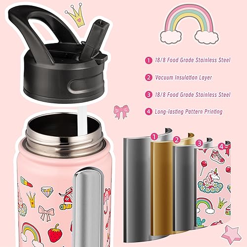 Miniatura 3 de BJPKPK Botella de agua aislada con tapa con pajilla, botellas de agua de metal de acero inoxidable de 15 onzas, botellas de agua reutilizables a