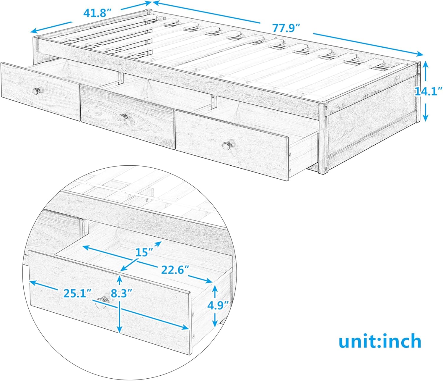HABITRIO Twin Size Bed,Platform Storage Bed with 3 Drawers,Solid Wood Platform Mattress Foundation with 10 Slats Support,Twin Size Sturdy Bed,Space-Saving Bed for Bedroom,Weight Capacity 200lbs,Oak