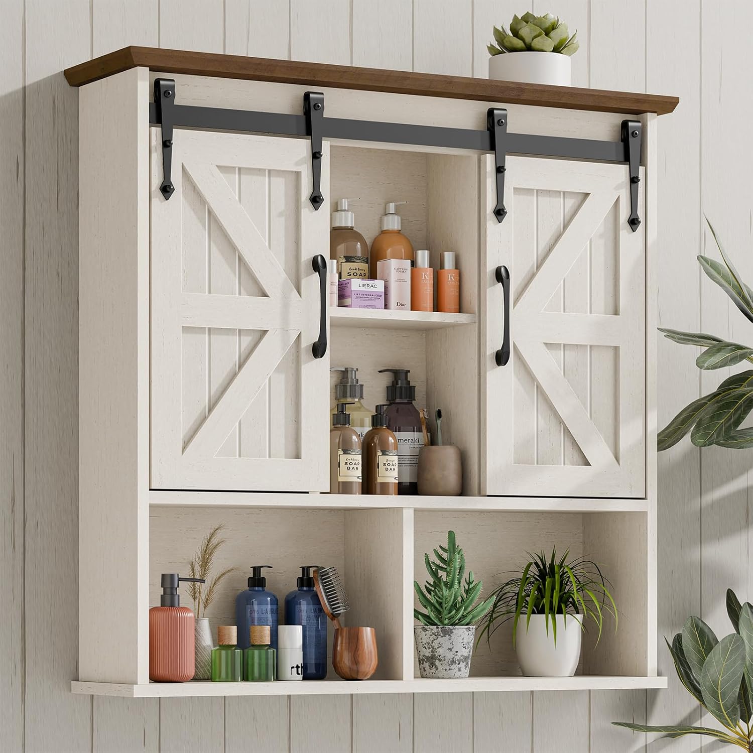 Vabches Bathroom Wall Cabinet, Farmhouse Medicine Cabinet with Double Sliding Barn Door and Adjustable Shelves, Wooden Vintage Storage Cabinet Wall Mounted for Bathroom, Kitchen Dining, Rustic White