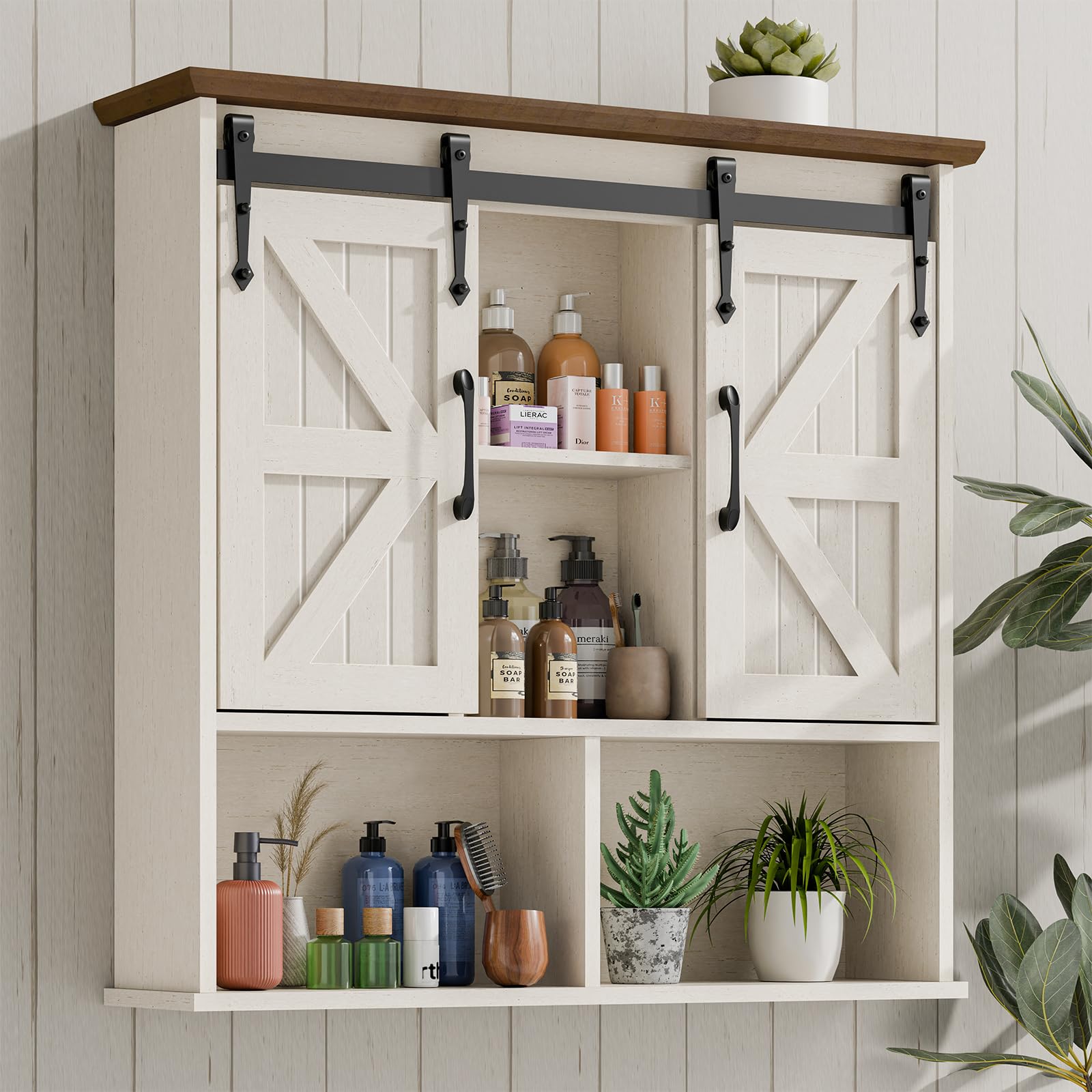 Vabches Bathroom Wall Cabinet, Farmhouse Medicine Cabinet with Double Sliding Barn Door and Adjustable Shelves, Wooden Vintage Storage Cabinet Wall