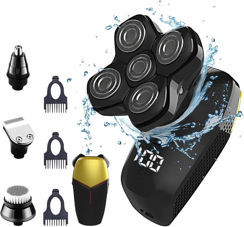 Barbeador elétrico rotativo HONTEC 4 em 1 para cabeça, com aparadores, escova de limpeza, IPX7, uso seco e molhado, recarregável via USB