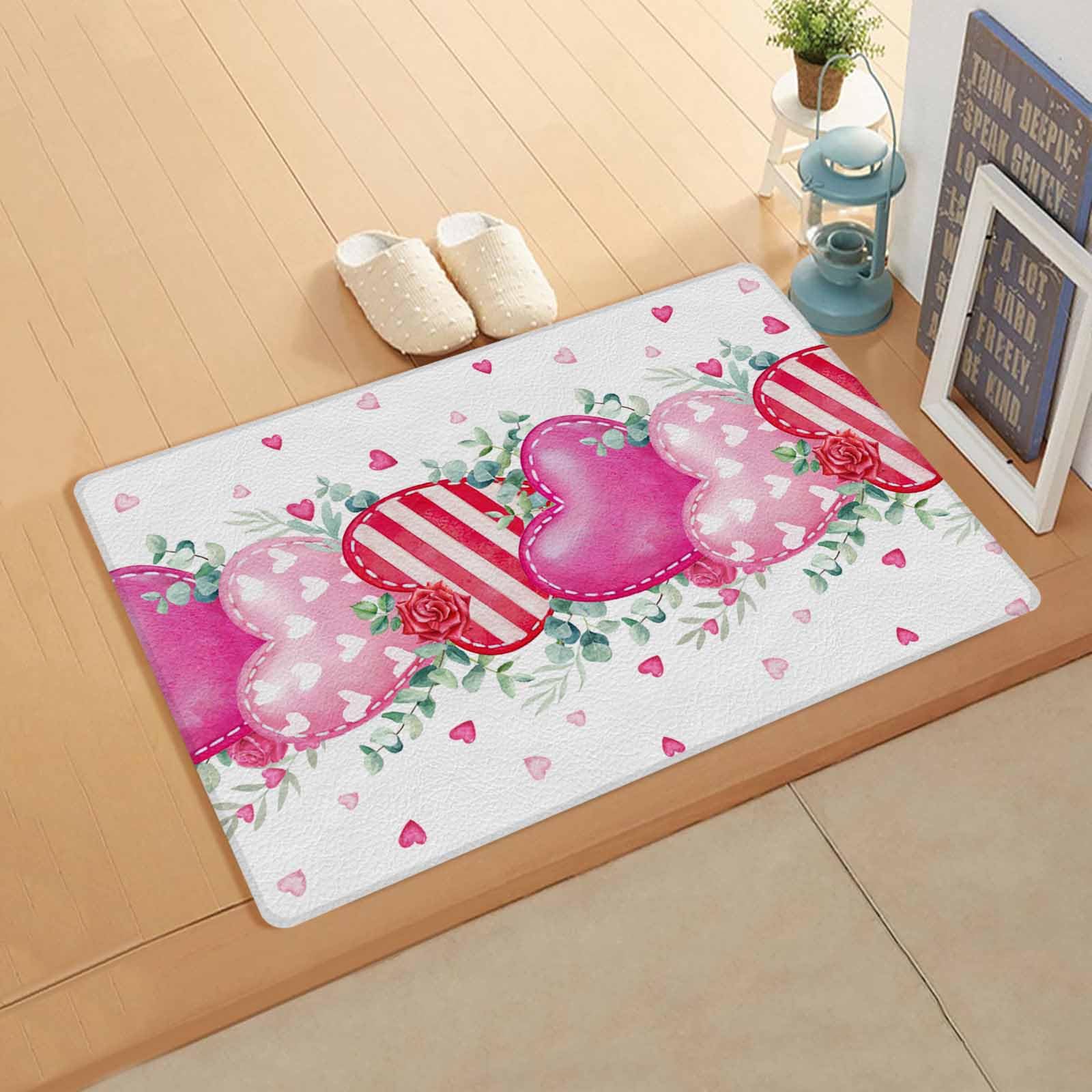 Pink Valentines Love Kitchen Bath Door Mat Cushioned Runner Rug,Washable Welcome Floor Sink Antifatigue Mat,Waterproof & Non-Slip Comfort Standing Doormat,Valentine Eucalyptus Rose Flower 18